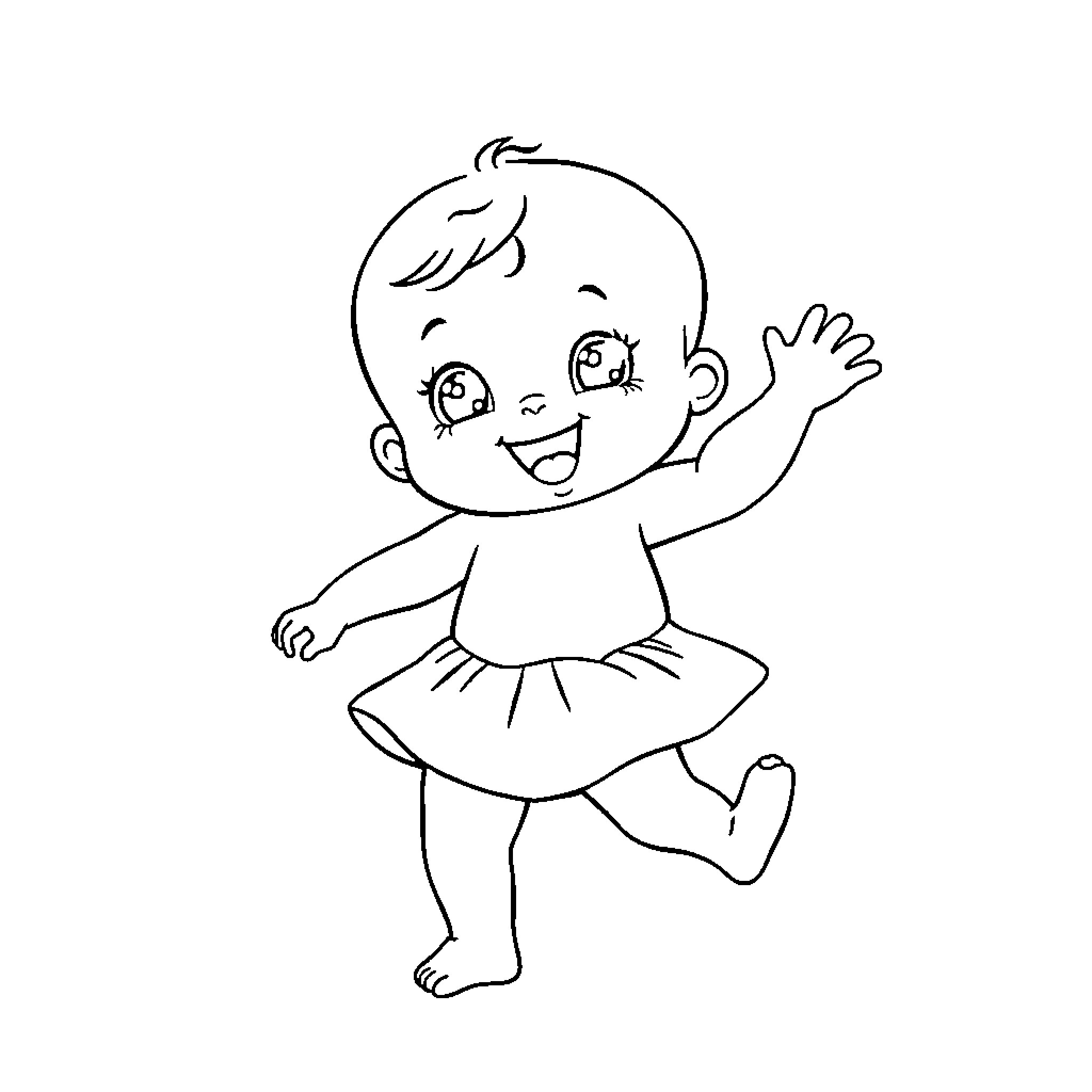 Baby girl joyfully waving arms Coloring Page (free black-and-white line drawing printable PDF for all, from beginners to advanced learners, including children, teens, adults, and seniors)