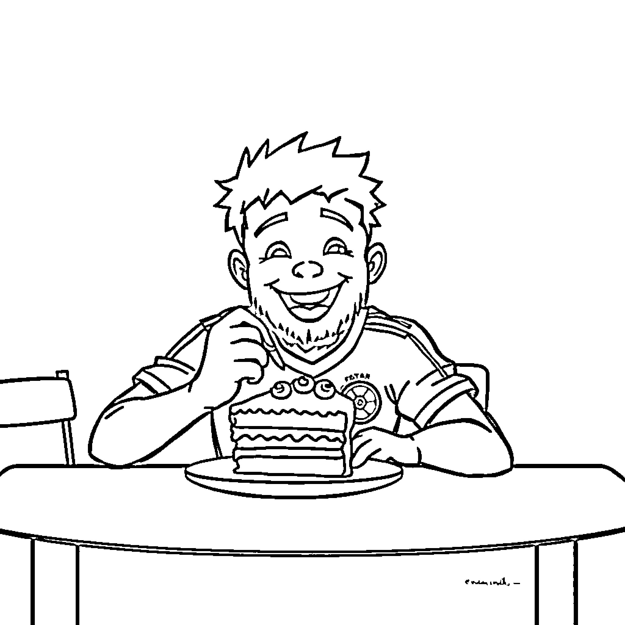 Footballer enjoying a tasty dessert Coloring Page (free black-and-white line drawing printable PDF for all, from beginners to advanced learners, including children, teens, adults, and seniors)
