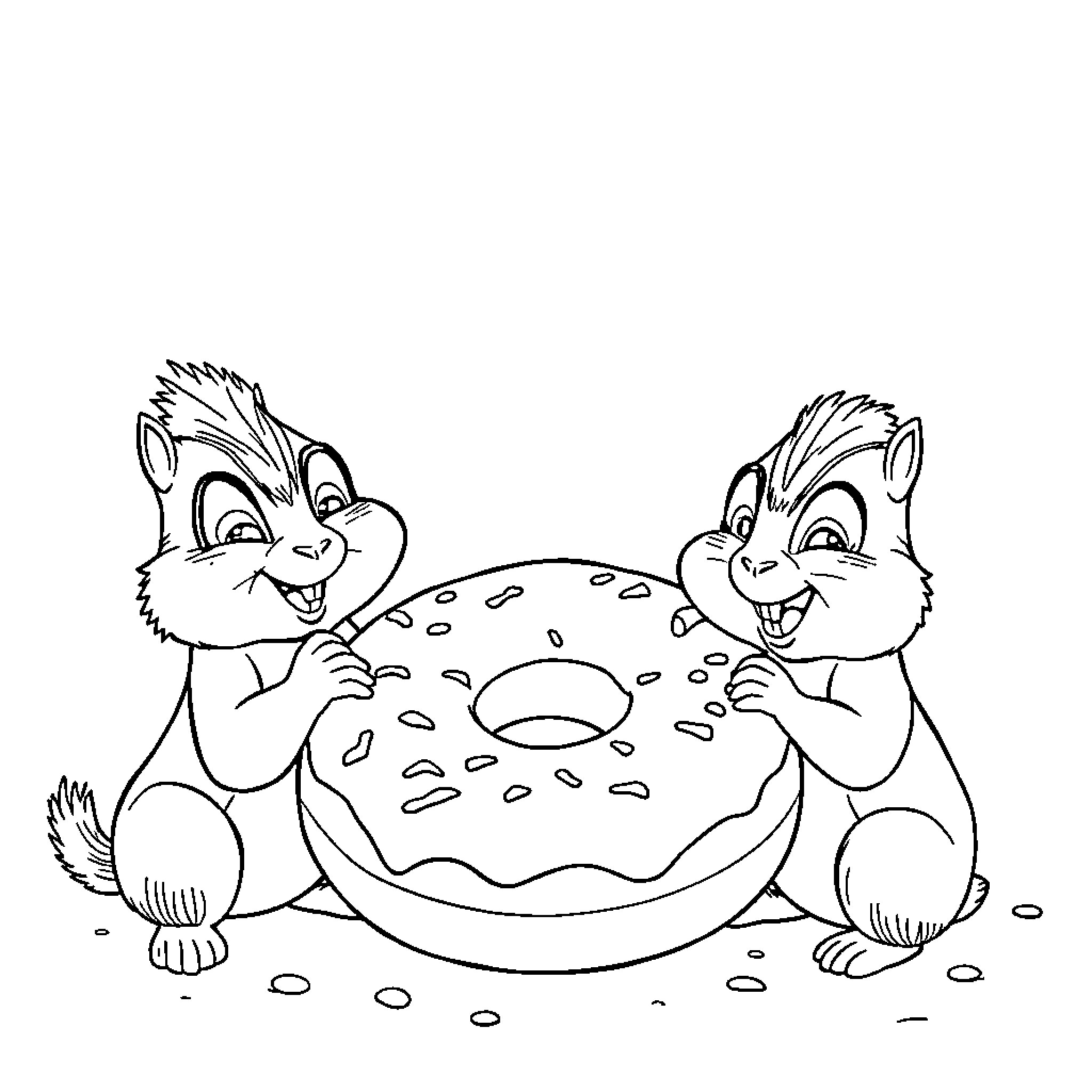 Chipmunks enjoying a delightful doughnut together Coloring Page (free black-and-white line drawing printable PDF for all, from beginners to advanced learners, including children, teens, adults, and seniors)