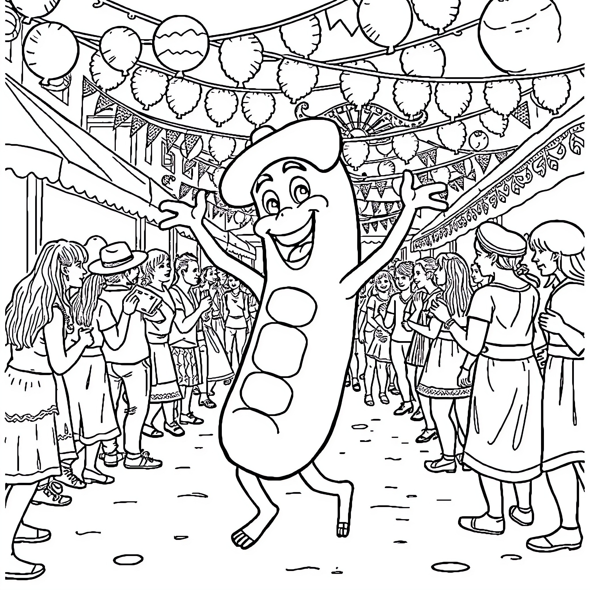 Sausage enjoying a festive celebration with a crowd Coloring Page (free black-and-white line drawing printable PDF for all, from beginners to advanced learners, including children, teens, adults, and seniors)