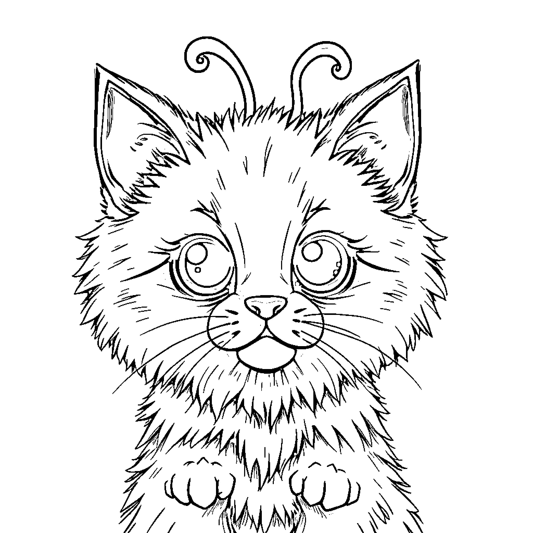 Alien Cat with Curious Expression Coloring Page (free black-and-white line drawing printable PDF for all, from beginners to advanced learners, including children, teens, adults, and seniors)