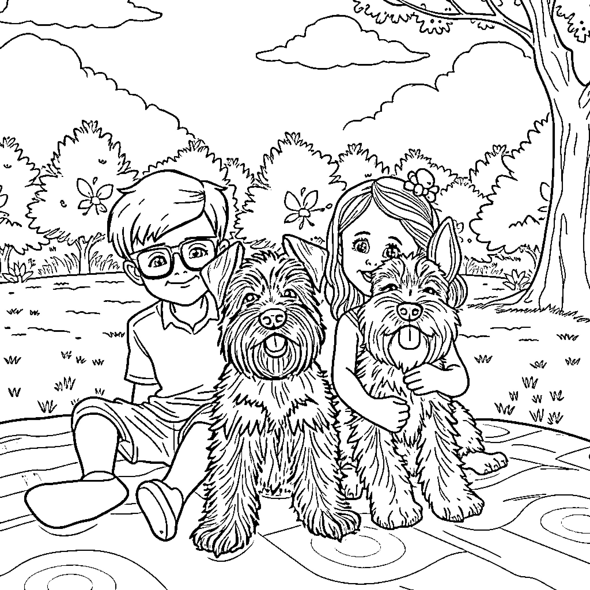 Boy and his two dogs enjoying the outdoors Coloring Page (free black-and-white line drawing printable PDF for all, from beginners to advanced learners, including children, teens, adults, and seniors)