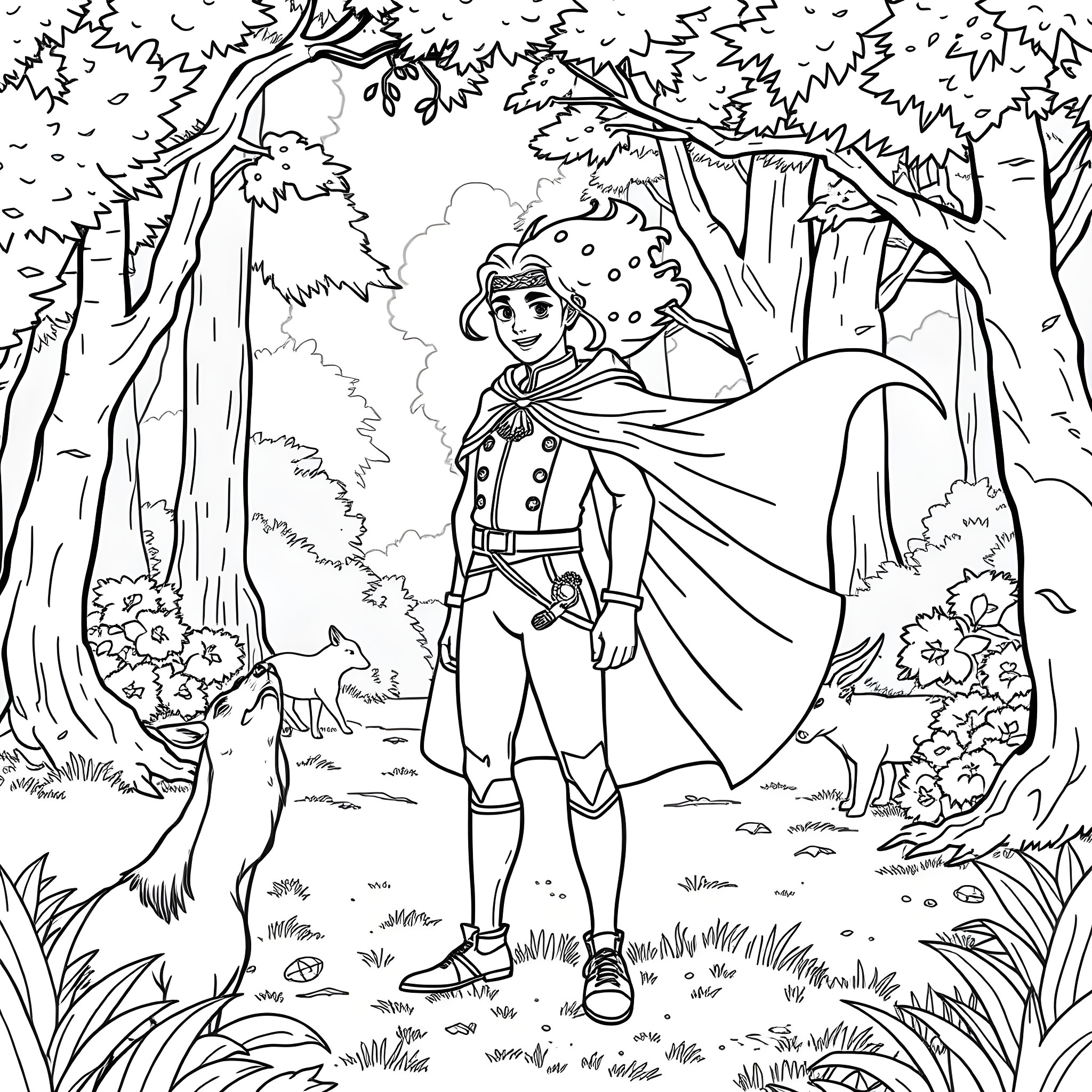 Prince exploring the enchanted forest Coloring Page (free black-and-white line drawing printable PDF for all, from beginners to advanced learners, including children, teens, adults, and seniors)