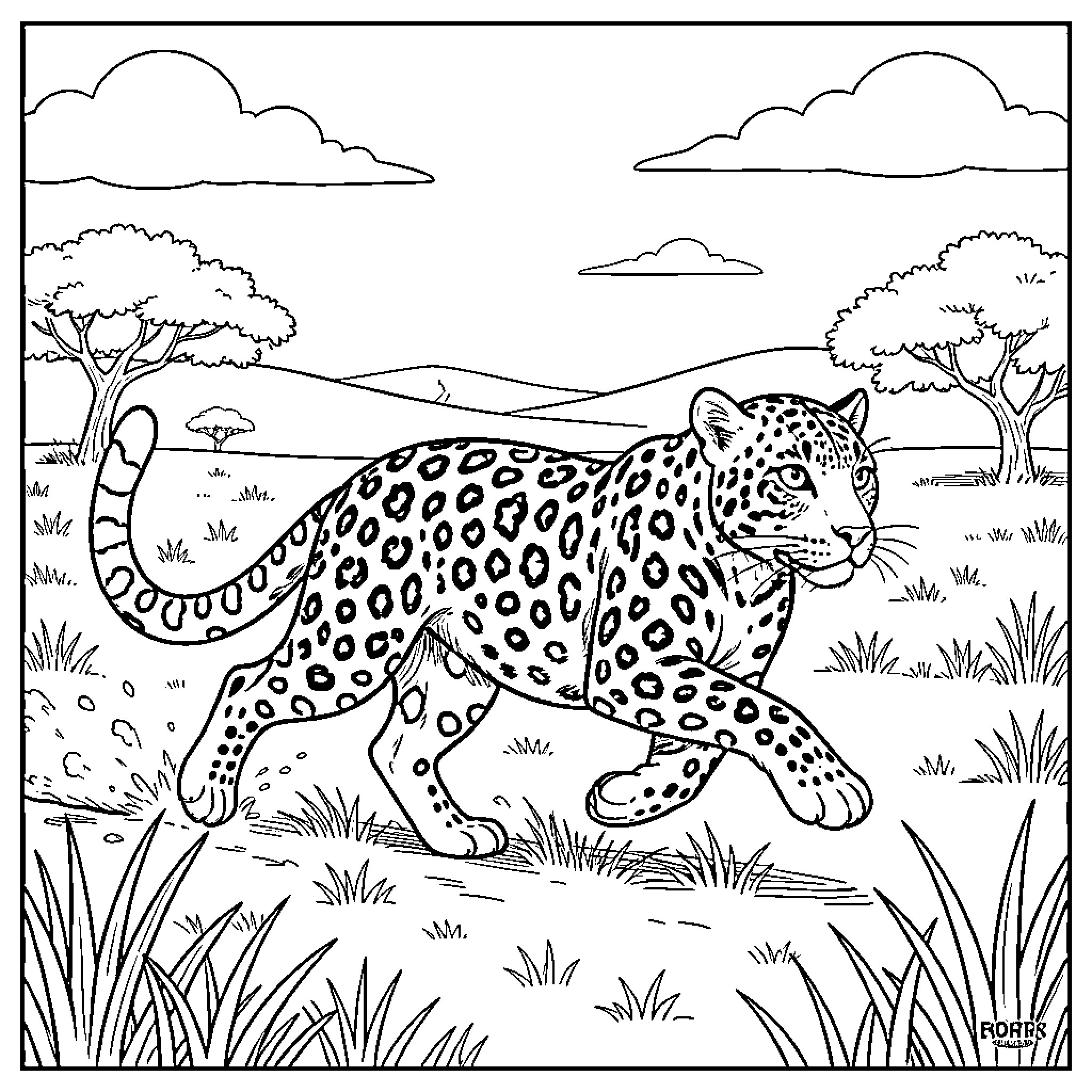 Child looking at a leopard walking through the savanna Coloring Page (free black-and-white line drawing printable PDF for all, from beginners to advanced learners, including children, teens, adults, and seniors)