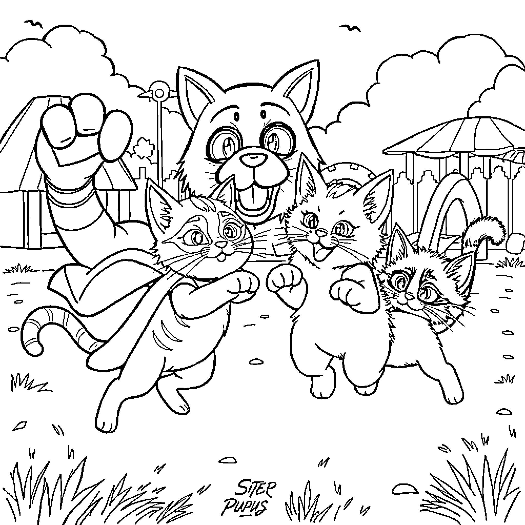 Kitty friends playing happily in the park Coloring Page (free black-and-white line drawing printable PDF for all, from beginners to advanced learners, including children, teens, adults, and seniors)