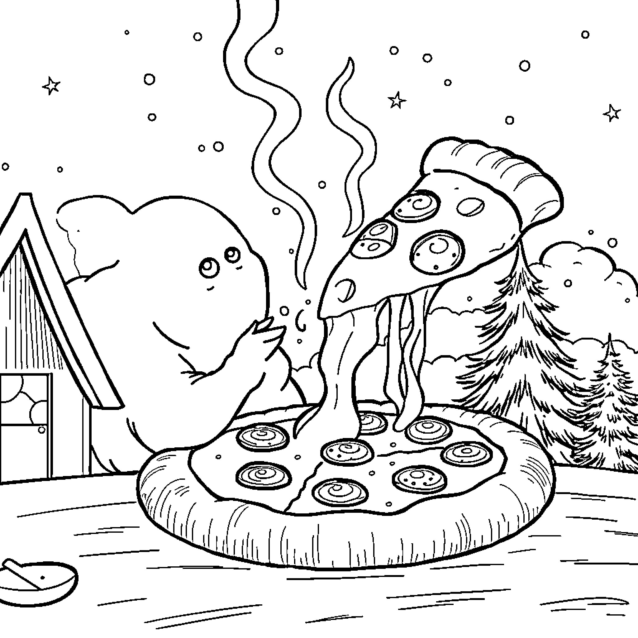 Ghost enjoying a spooky pizza party in the woods Coloring Page (free black-and-white line drawing printable PDF for all, from beginners to advanced learners, including children, teens, adults, and seniors)