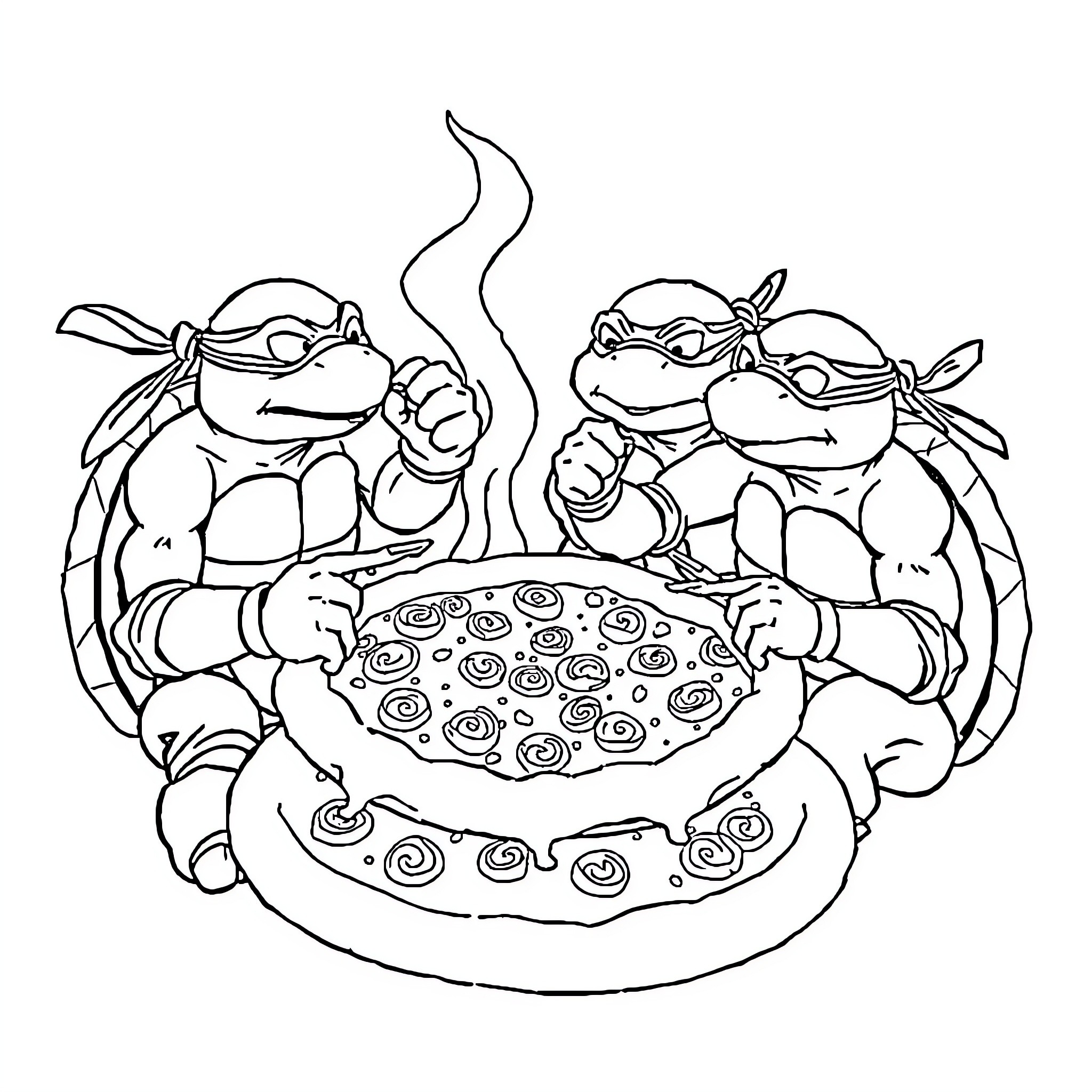 Ninja Turtles enjoying a pepperoni pizza together Coloring Page (free black-and-white line drawing printable PDF for all, from beginners to advanced learners, including children, teens, adults, and seniors)