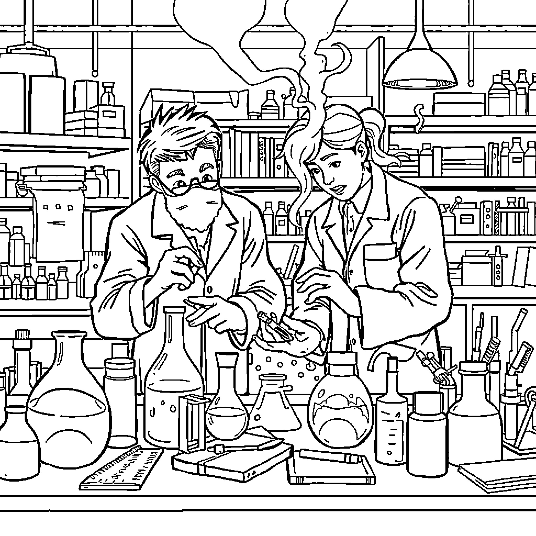 Teacher and student in chemistry lab Coloring Page (free black-and-white line drawing printable PDF for all, from beginners to advanced learners, including children, teens, adults, and seniors)