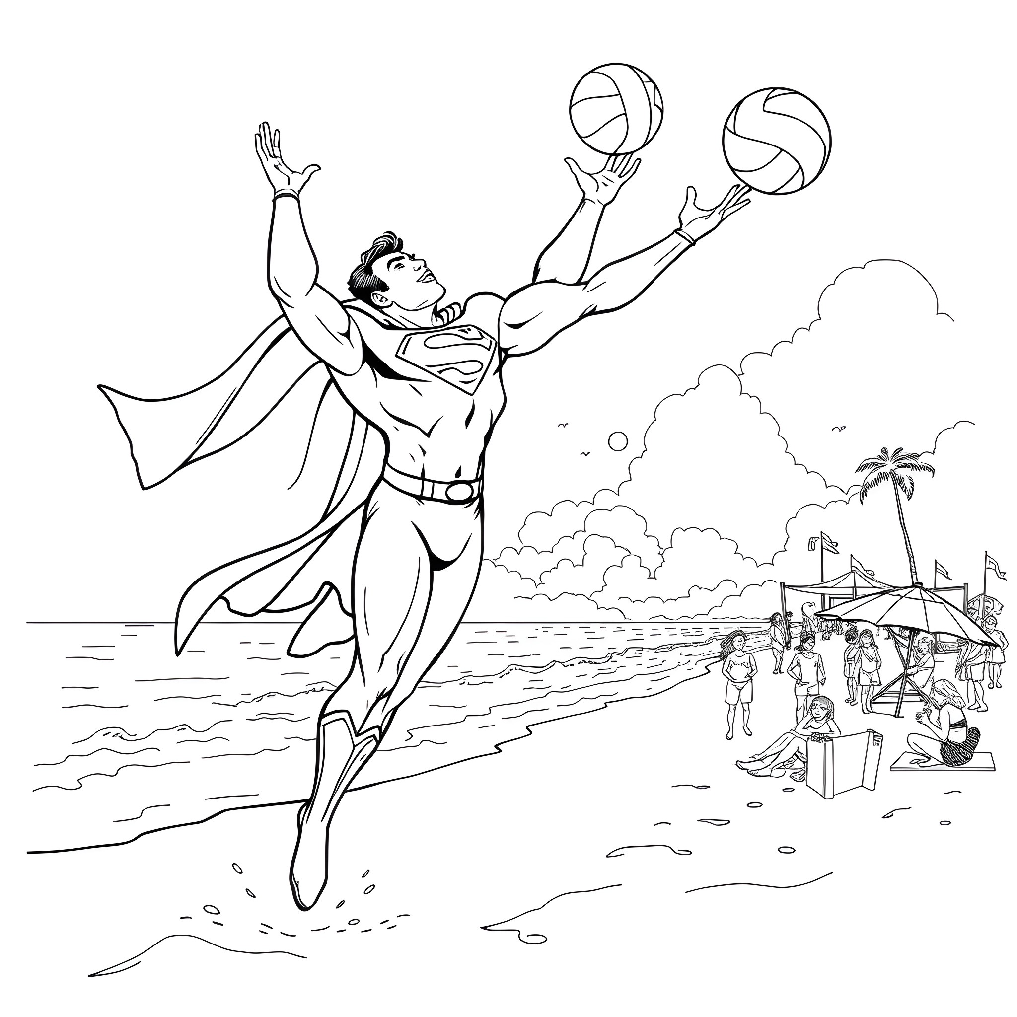 Superman playing volleyball on the beach Coloring Page (free black-and-white line drawing printable PDF for all, from beginners to advanced learners, including children, teens, adults, and seniors)