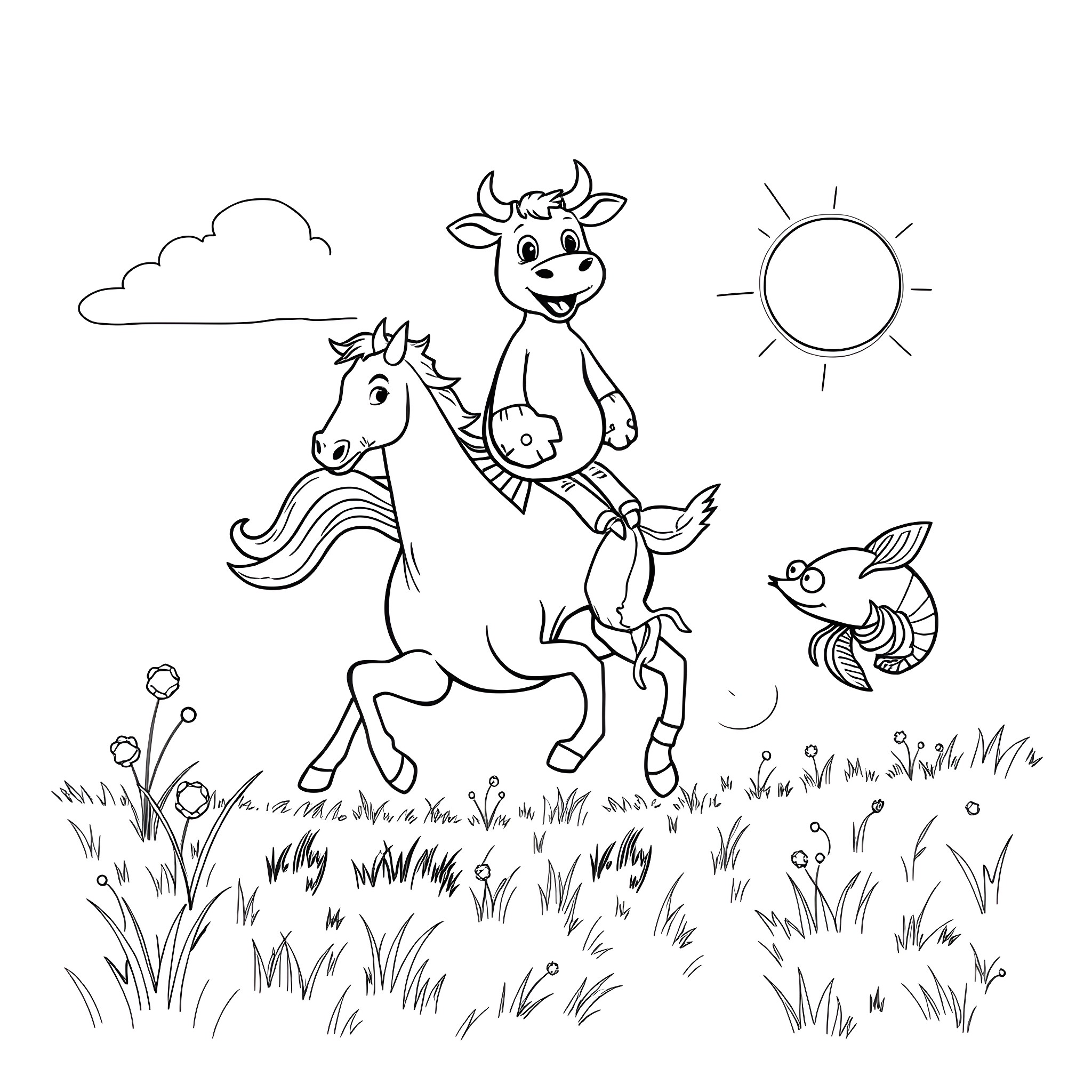 Cow riding a horse in a meadow with fish Coloring Page (free black-and-white line drawing printable PDF for all, from beginners to advanced learners, including children, teens, adults, and seniors)
