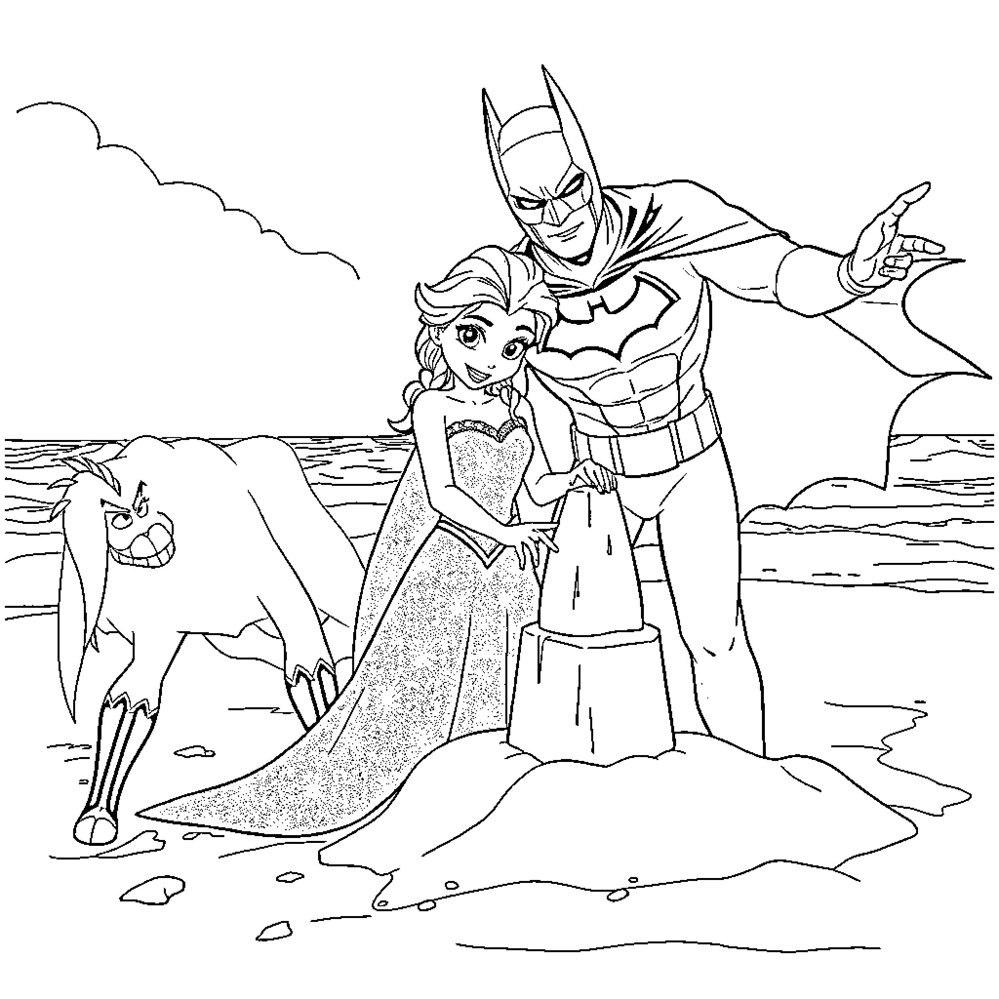 Elsa and Batman in the Enchanted Forest Coloring Page (free black-and-white line drawing printable PDF for all, from beginners to advanced learners, including children, teens, adults, and seniors)