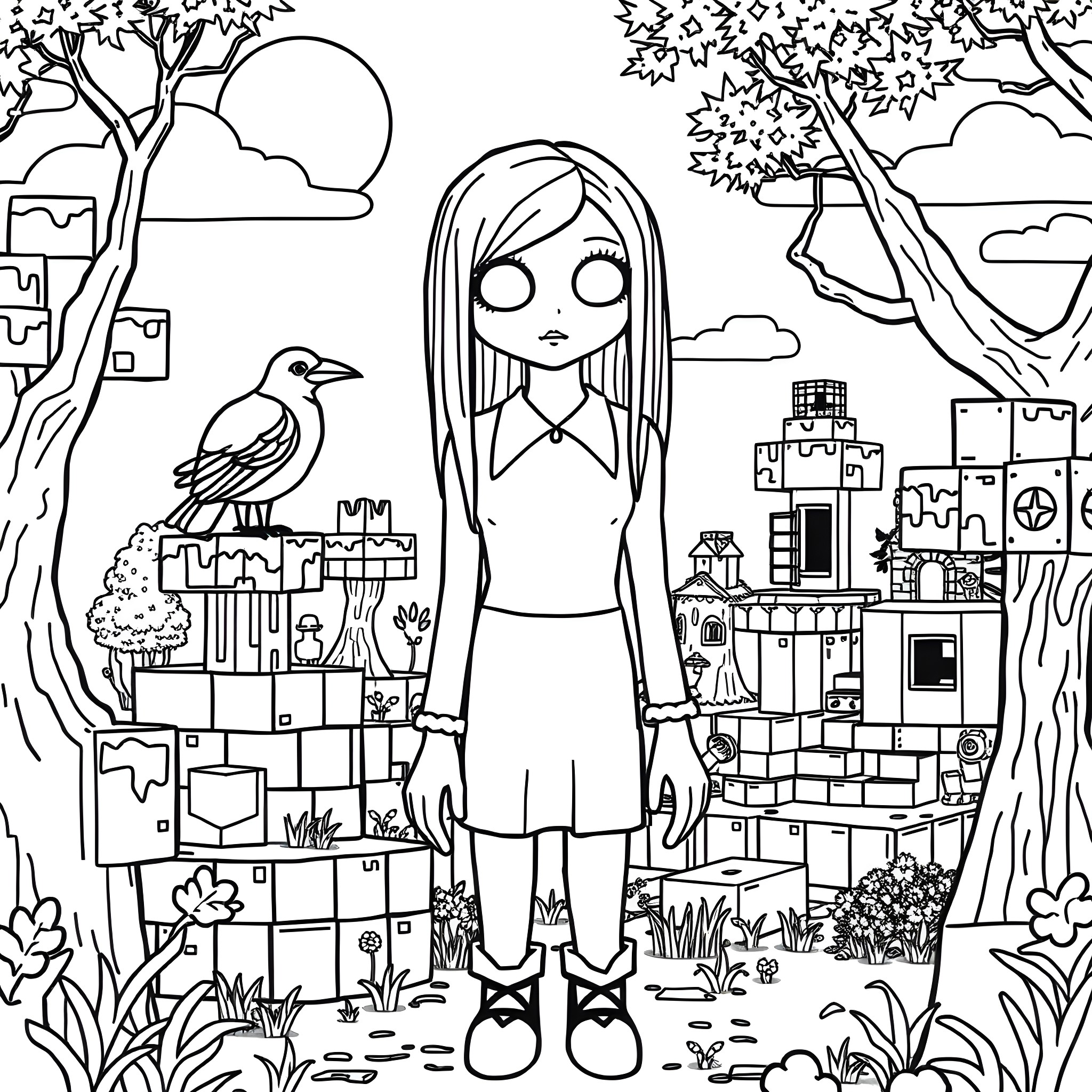 Wednesday's Whimsical Wonderland: A Girl's Enchanting Adventure Coloring Page (free black-and-white line drawing printable PDF for all, from beginners to advanced learners, including children, teens, adults, and seniors)