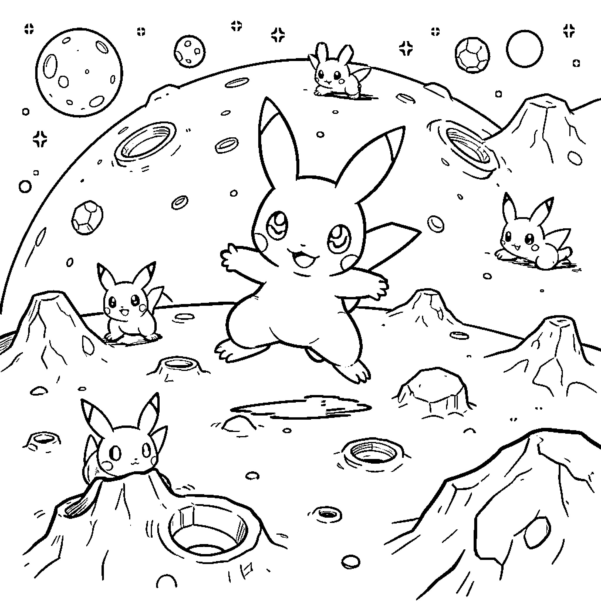 Pokémon jumping and playing on the moon surface Coloring Page (free black-and-white line drawing printable PDF for all, from beginners to advanced learners, including children, teens, adults, and seniors)