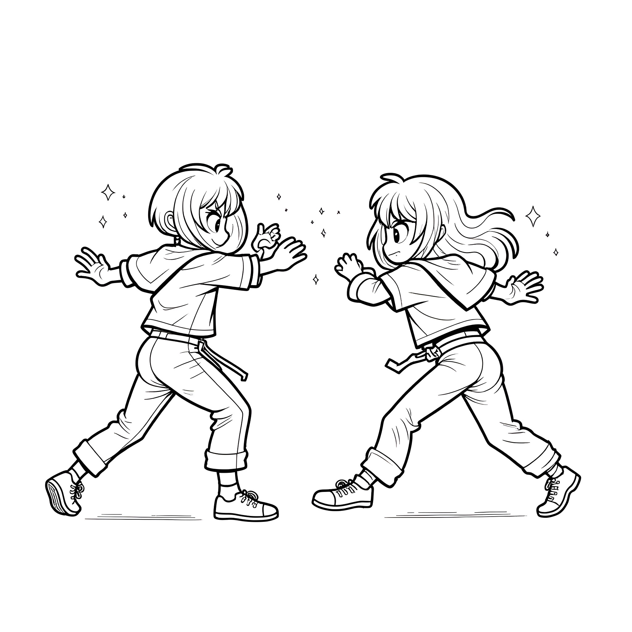 Anime friends engaged in playful interaction Coloring Page (free black-and-white line drawing printable PDF for all, from beginners to advanced learners, including children, teens, adults, and seniors)