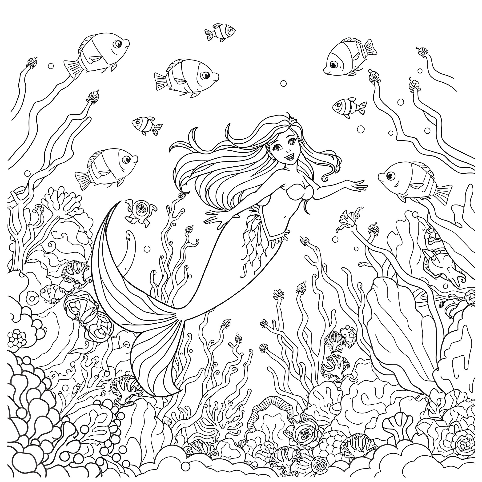 Mermaid exploring the underwater world with marine life Coloring Page (free black-and-white line drawing printable PDF for all, from beginners to advanced learners, including children, teens, adults, and seniors)