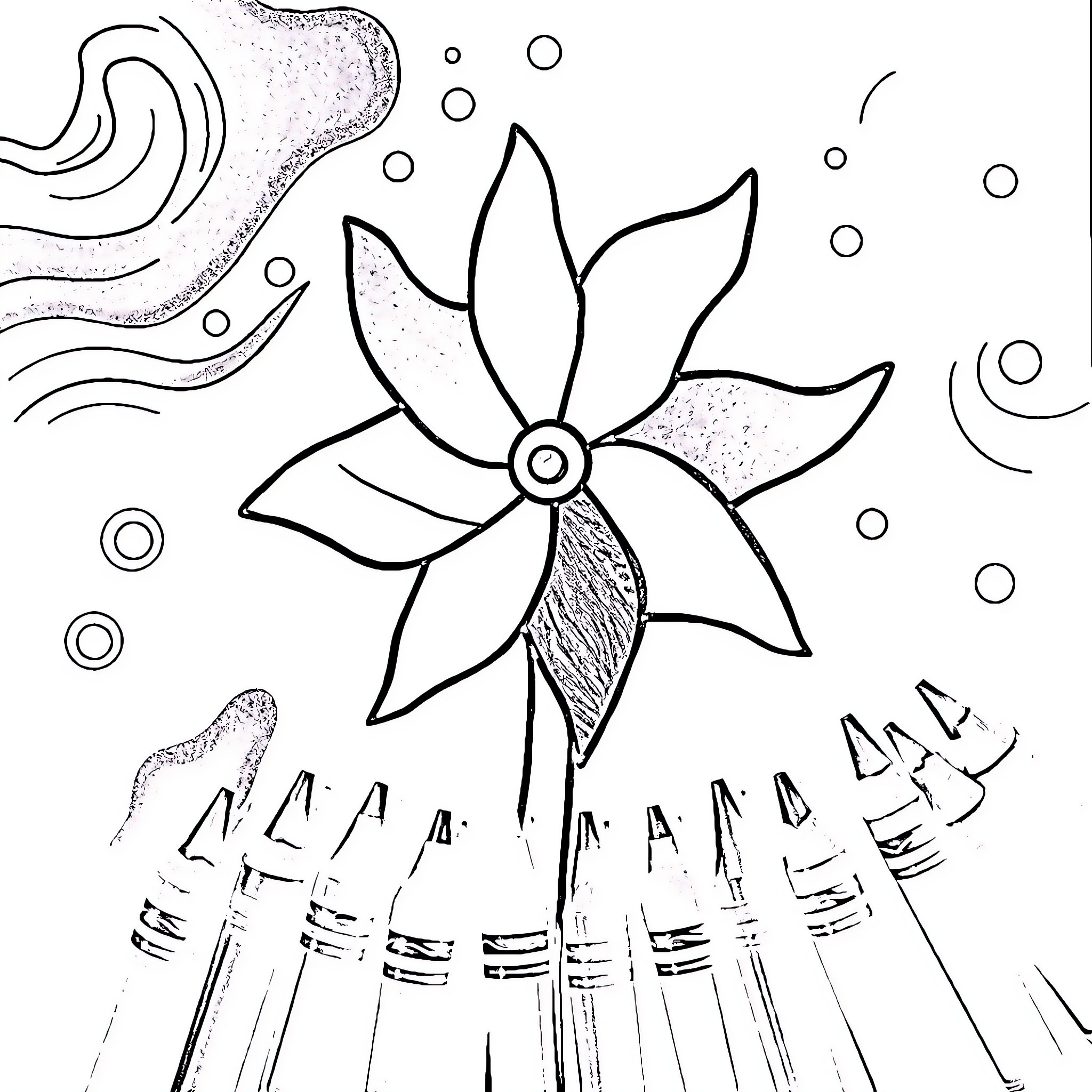 Pinwheel spinning amidst abstract shapes and patterns Coloring Page (free black-and-white line drawing printable PDF for all, from beginners to advanced learners, including children, teens, adults, and seniors)