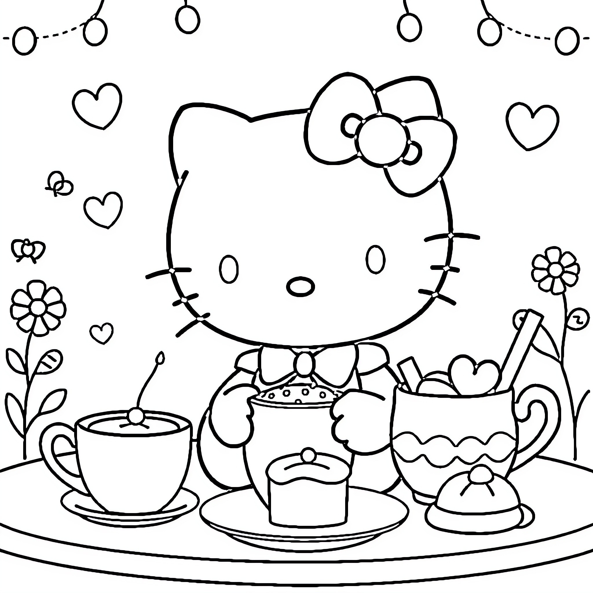 Hello Kitty enjoys a snack in a whimsical garden Coloring Page (free black-and-white line drawing printable PDF for all, from beginners to advanced learners, including children, teens, adults, and seniors)