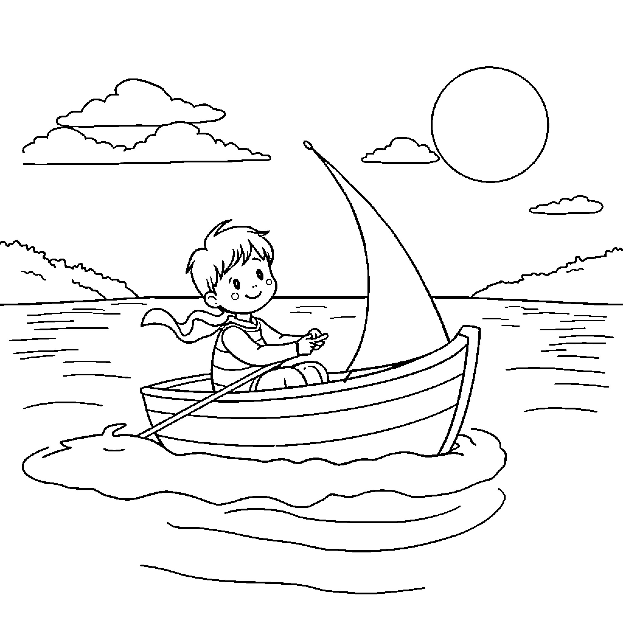 Child sailing a boat on the lake Coloring Page (free black-and-white line drawing printable PDF for all, from beginners to advanced learners, including children, teens, adults, and seniors)