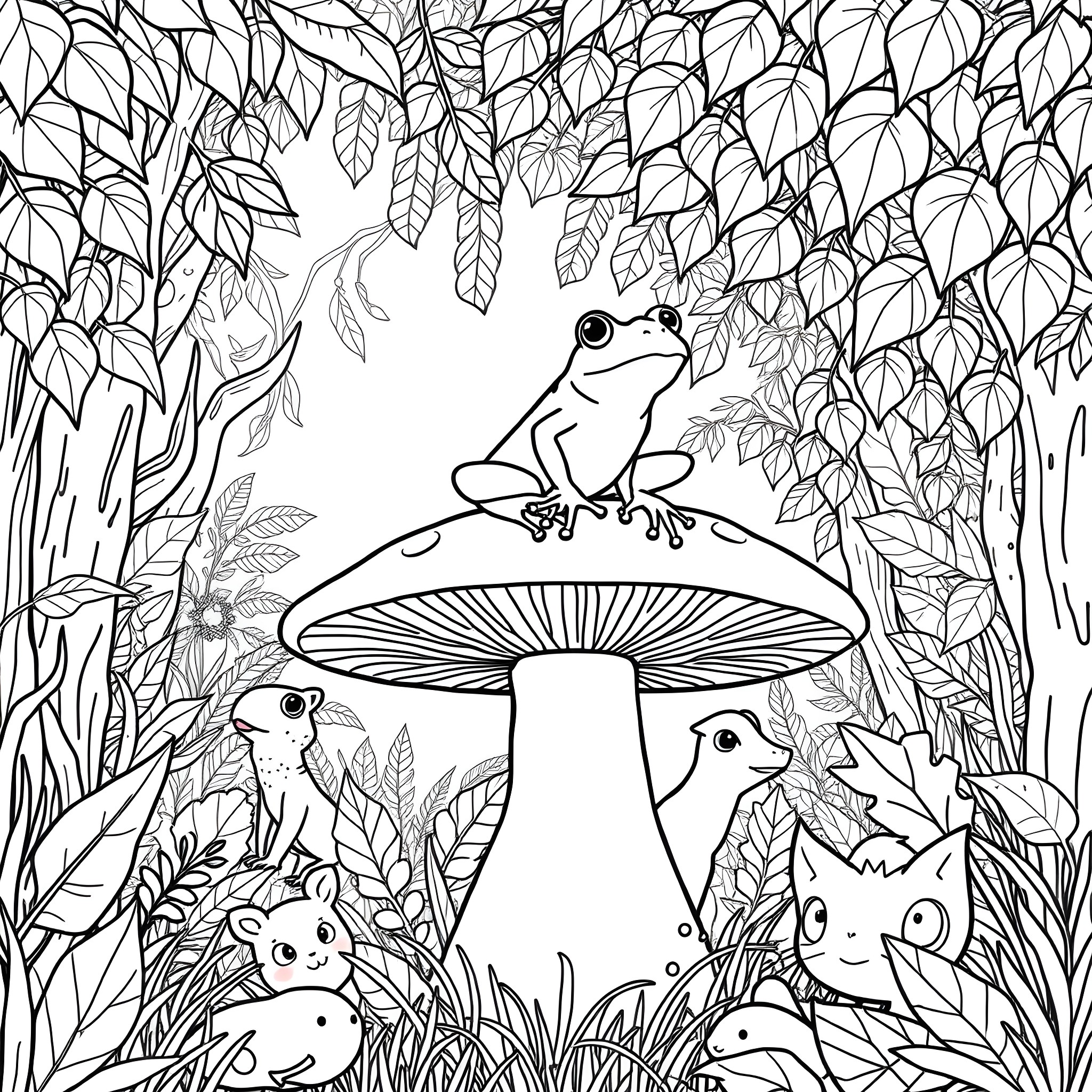 Frog enjoying nature on a mushroom in the forest Coloring Page (free black-and-white line drawing printable PDF for all, from beginners to advanced learners, including children, teens, adults, and seniors)