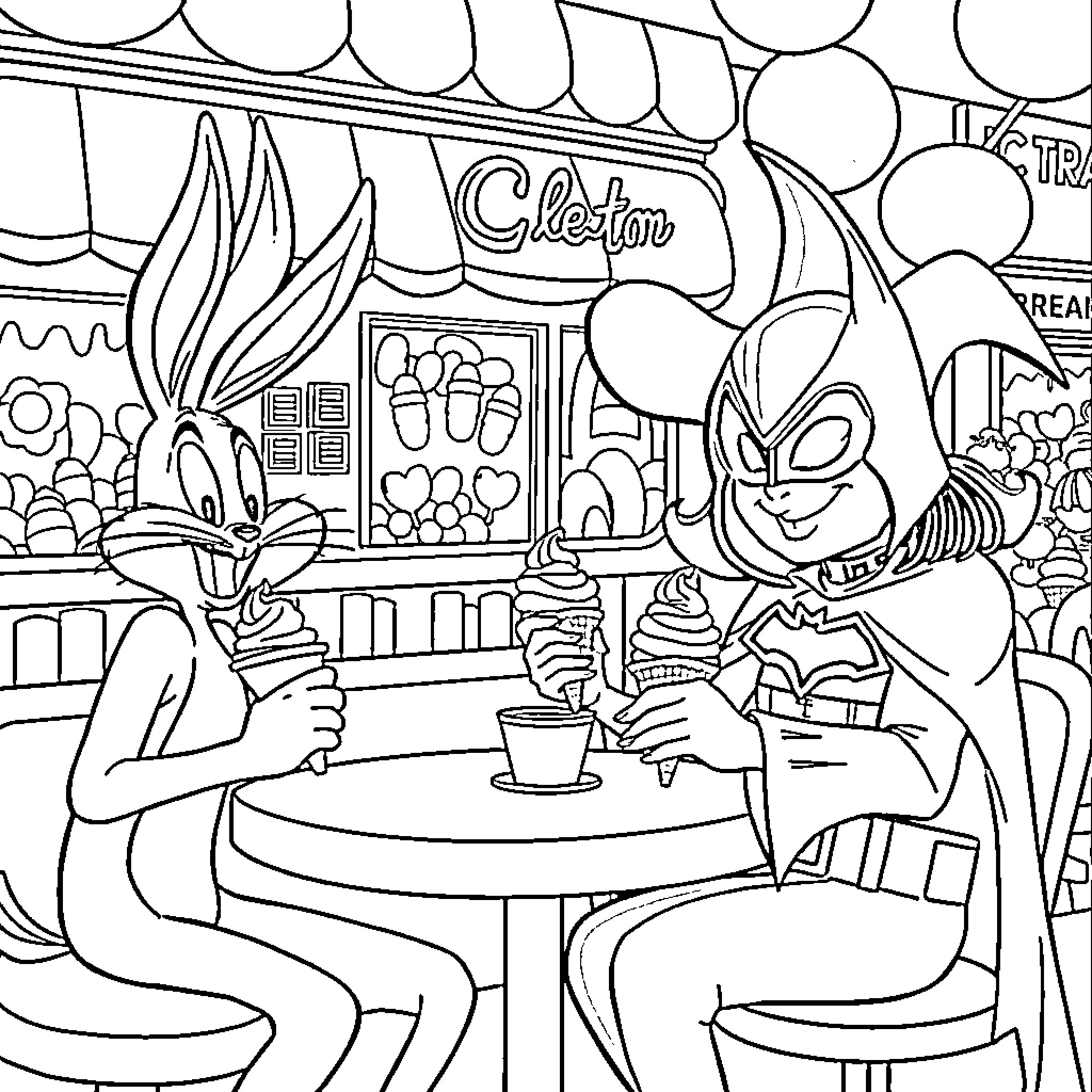 Bugs Bunny and Daffy Duck enjoying ice cream at the Cactus Cream parlor Coloring Page (free black-and-white line drawing printable PDF for all, from beginners to advanced learners, including children, teens, adults, and seniors)
