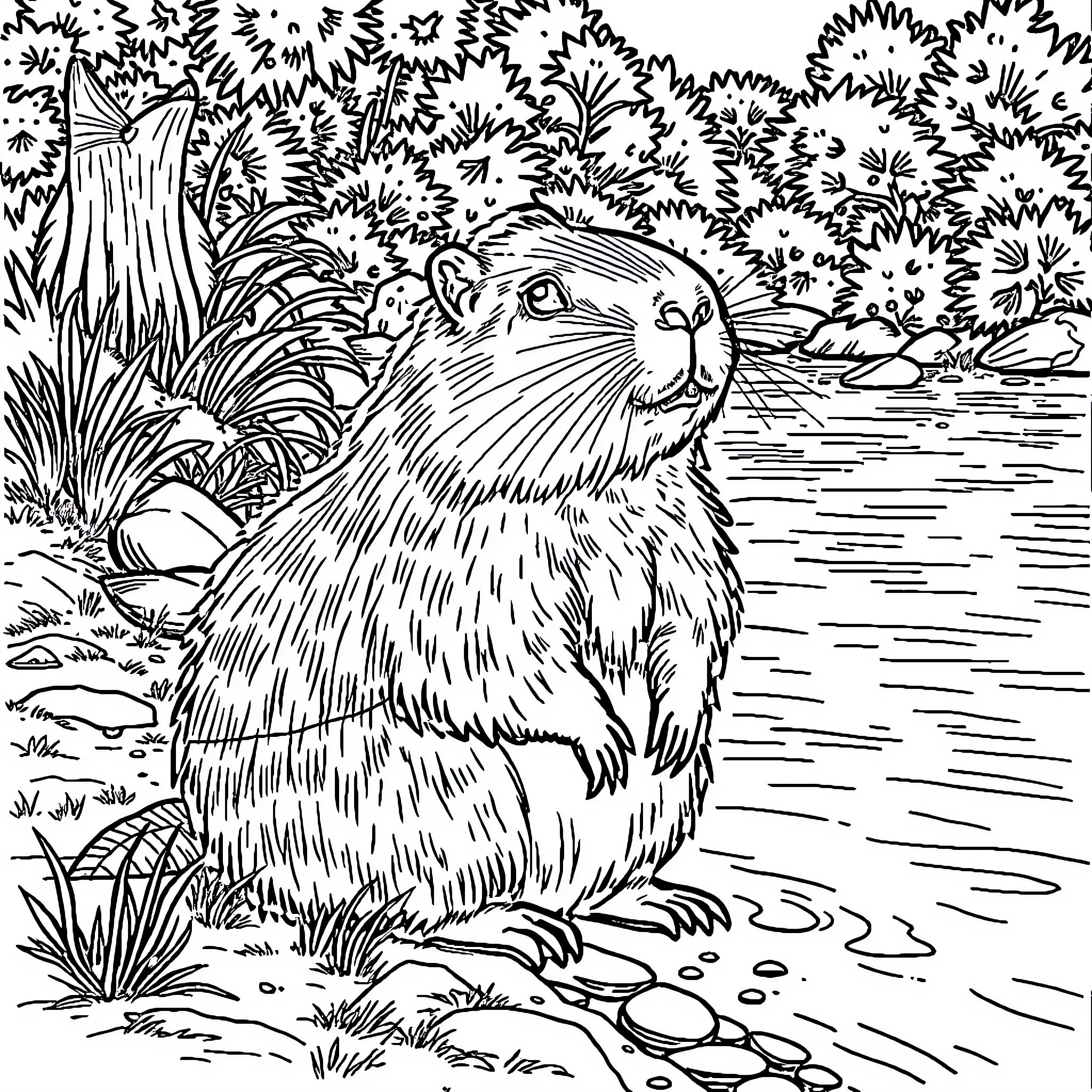 Capybara relaxing by the pond Coloring Page (free black-and-white line drawing printable PDF for all, from beginners to advanced learners, including children, teens, adults, and seniors)