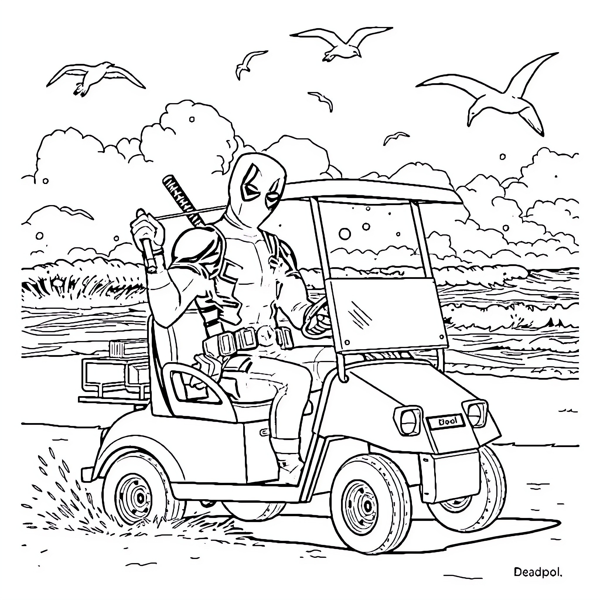 Deadpool driving golf cart by the beach Coloring Page (free black-and-white line drawing printable PDF for all, from beginners to advanced learners, including children, teens, adults, and seniors)