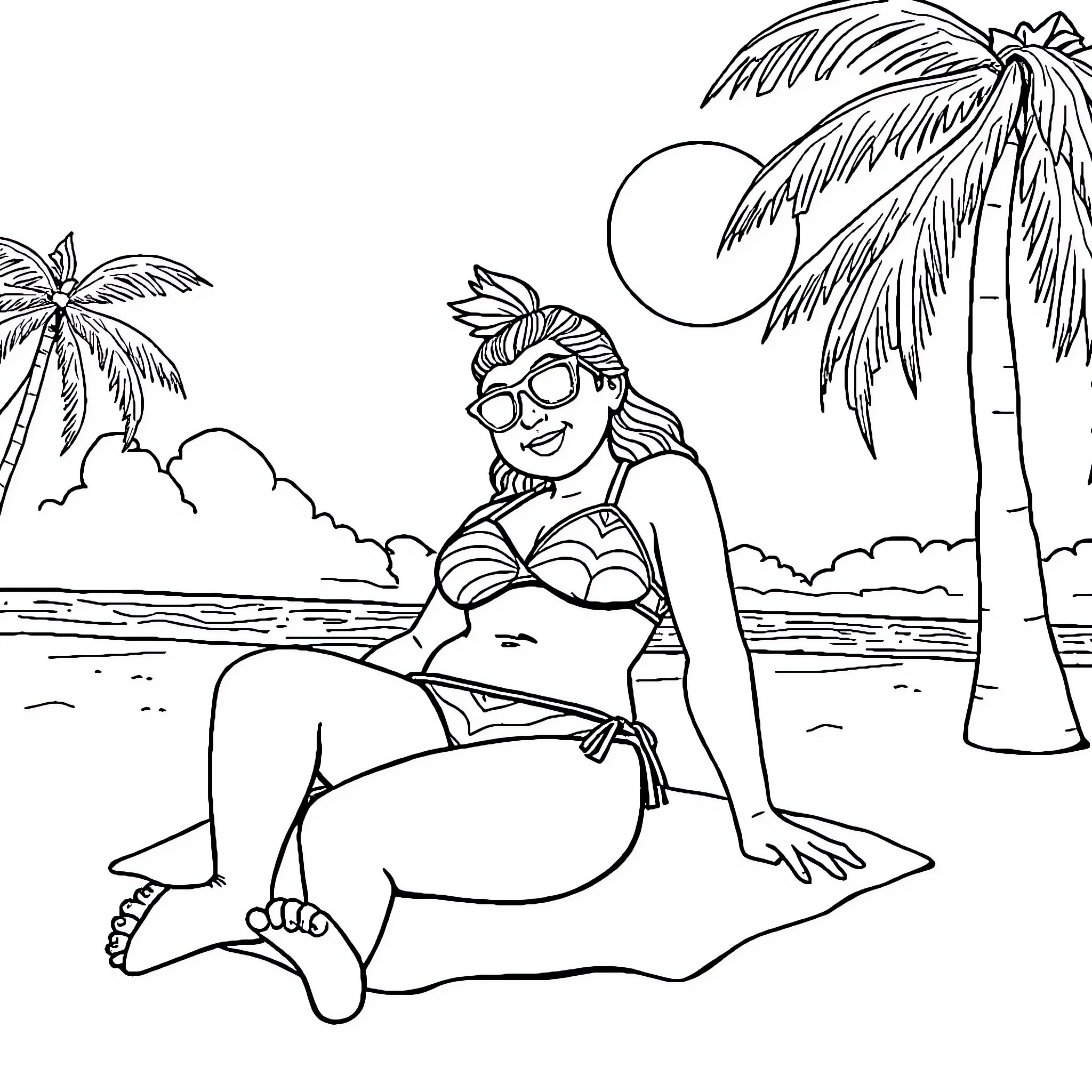 Labubu relaxing on the beach under palm trees Coloring Page (free black-and-white line drawing printable PDF for all, from beginners to advanced learners, including children, teens, adults, and seniors)