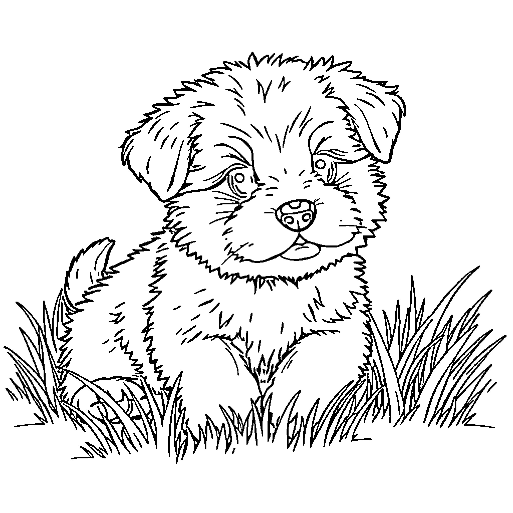 Puppy playing happily in the grass Coloring Page (free black-and-white line drawing printable PDF for all, from beginners to advanced learners, including children, teens, adults, and seniors)