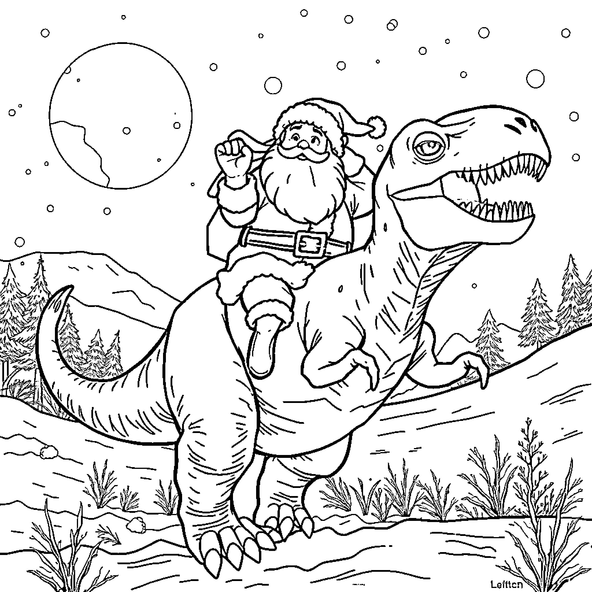 Santa riding a dinosaur in a snowy landscape Coloring Page (free black-and-white line drawing printable PDF for all, from beginners to advanced learners, including children, teens, adults, and seniors)