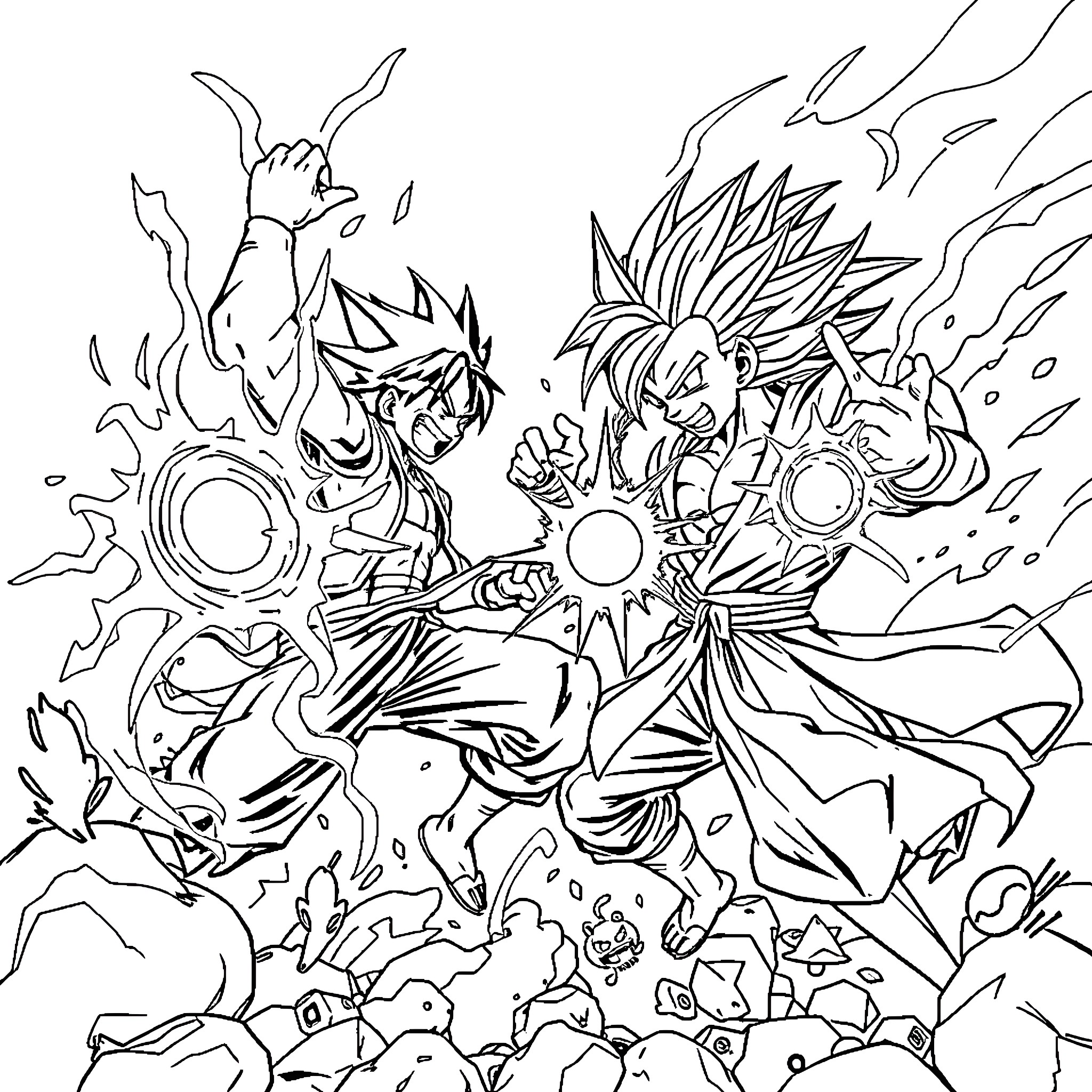Anime Battle with Powerful Energy Attacks Coloring Page (free black-and-white line drawing printable PDF for all, from beginners to advanced learners, including children, teens, adults, and seniors)