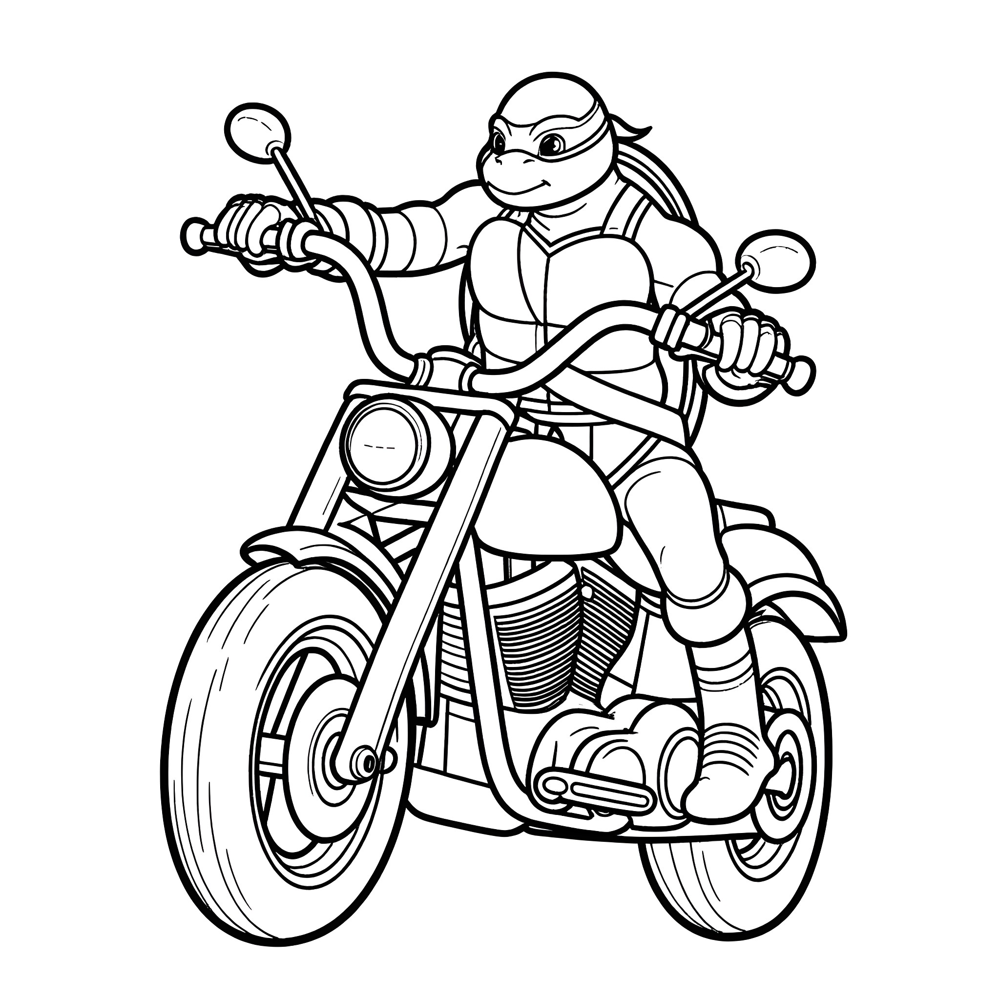 Ninja Turtle riding a motorcycle Coloring Page (free black-and-white line drawing printable PDF for all, from beginners to advanced learners, including children, teens, adults, and seniors)