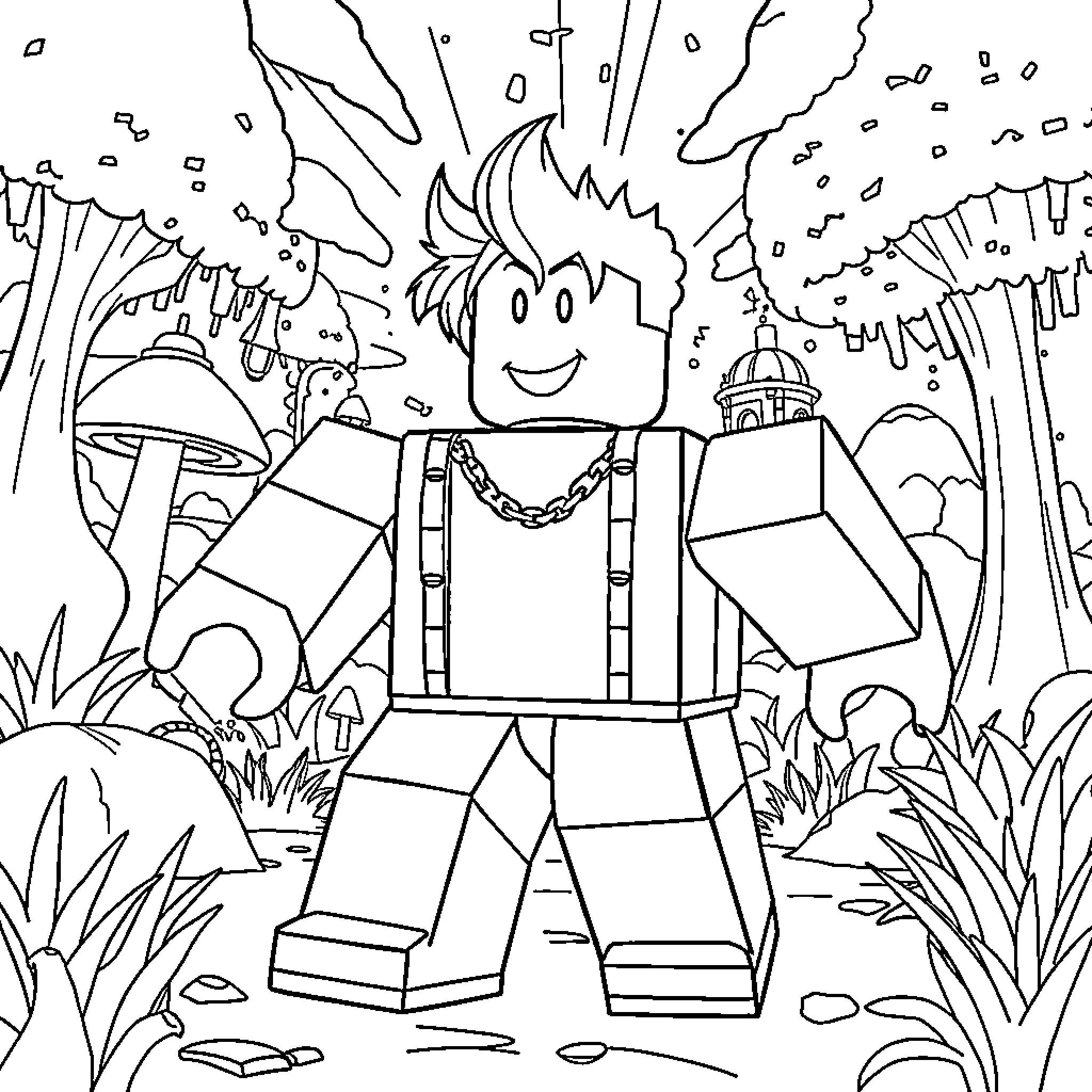 Roblox character exploring the wilderness Coloring Page (free black-and-white line drawing printable PDF for all, from beginners to advanced learners, including children, teens, adults, and seniors)