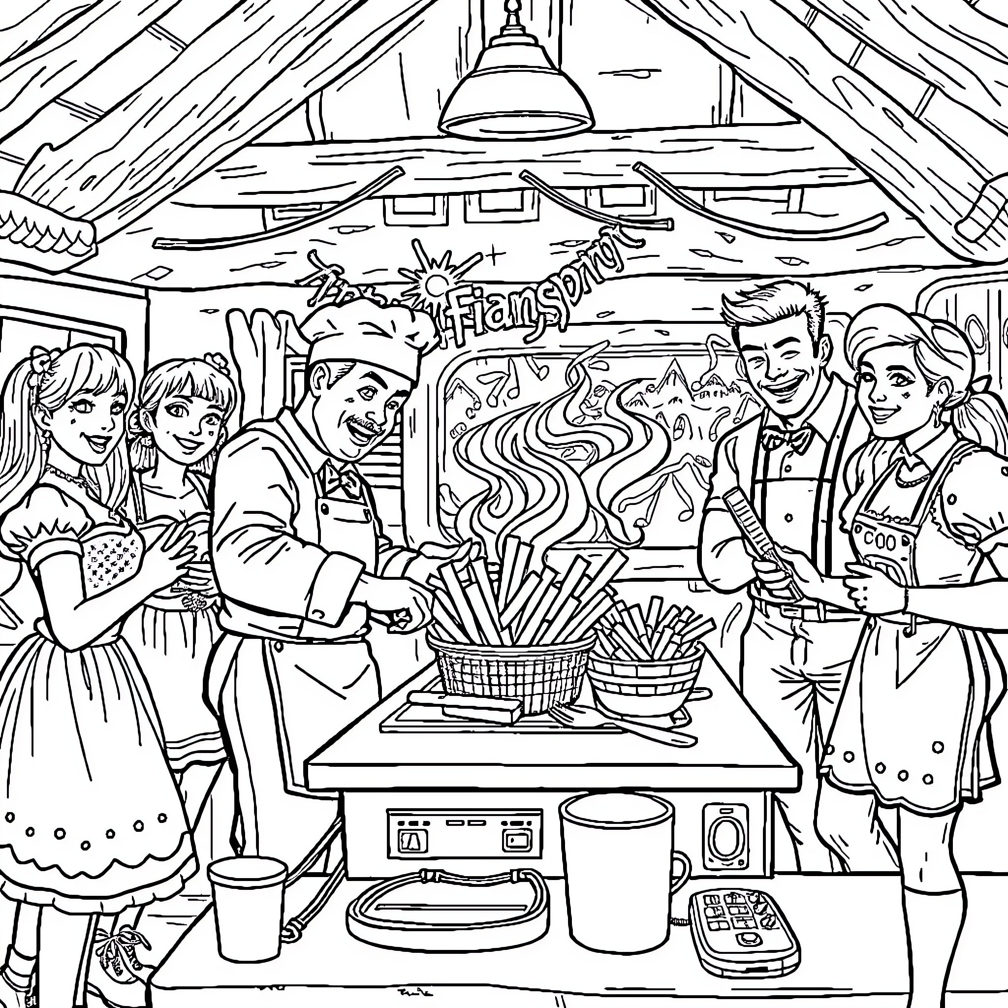 Chef serving food to customers in a busy diner Coloring Page (free black-and-white line drawing printable PDF for all, from beginners to advanced learners, including children, teens, adults, and seniors)