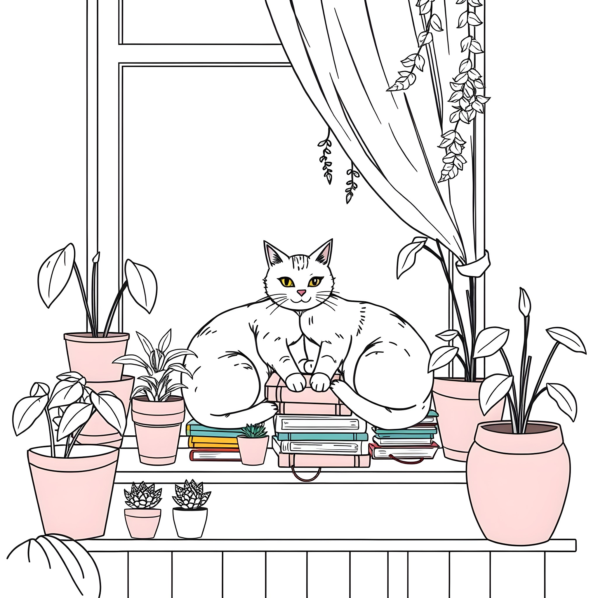 Cat lounging among indoor plants and books Coloring Page (free black-and-white line drawing printable PDF for all, from beginners to advanced learners, including children, teens, adults, and seniors)