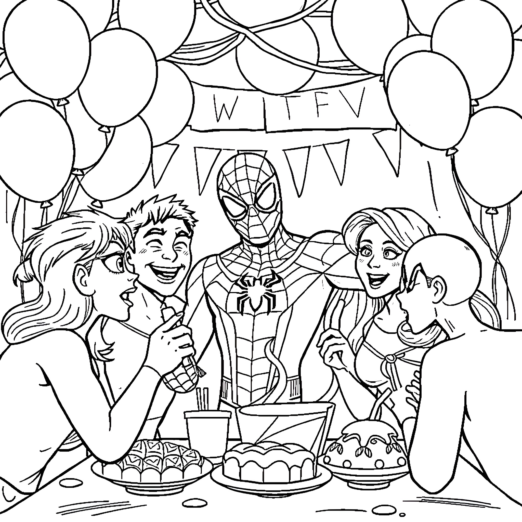 Spider-Man celebrates a party with friends Coloring Page (free black-and-white line drawing printable PDF for all, from beginners to advanced learners, including children, teens, adults, and seniors)
