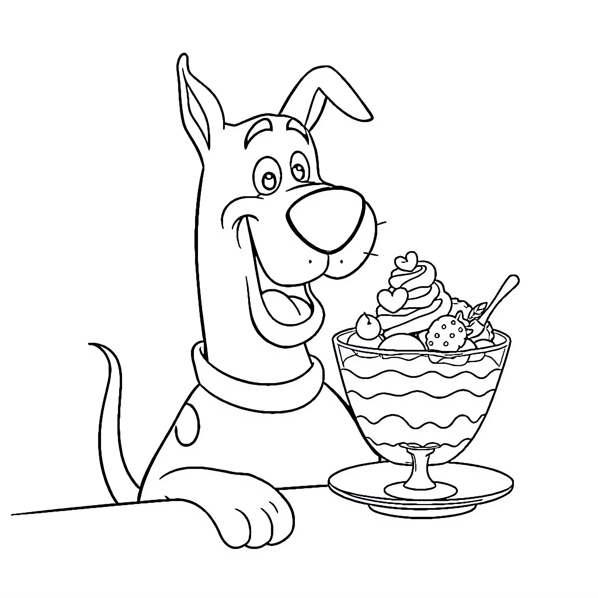 Scooby Doo enjoying a sweet dessert Coloring Page (free black-and-white line drawing printable PDF for all, from beginners to advanced learners, including children, teens, adults, and seniors)