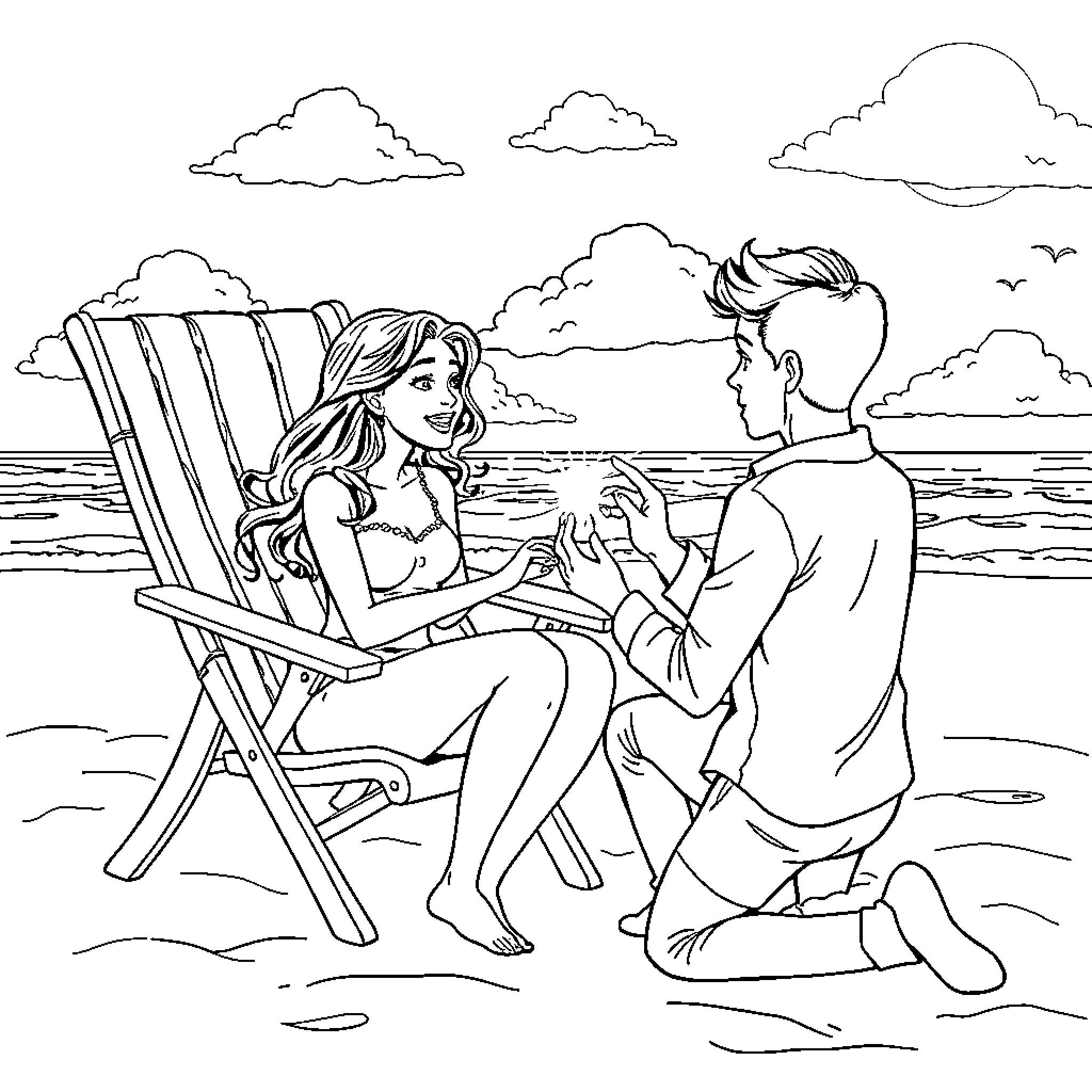 Proposal on the Beach Coloring Page (free black-and-white line drawing printable PDF for all, from beginners to advanced learners, including children, teens, adults, and seniors)