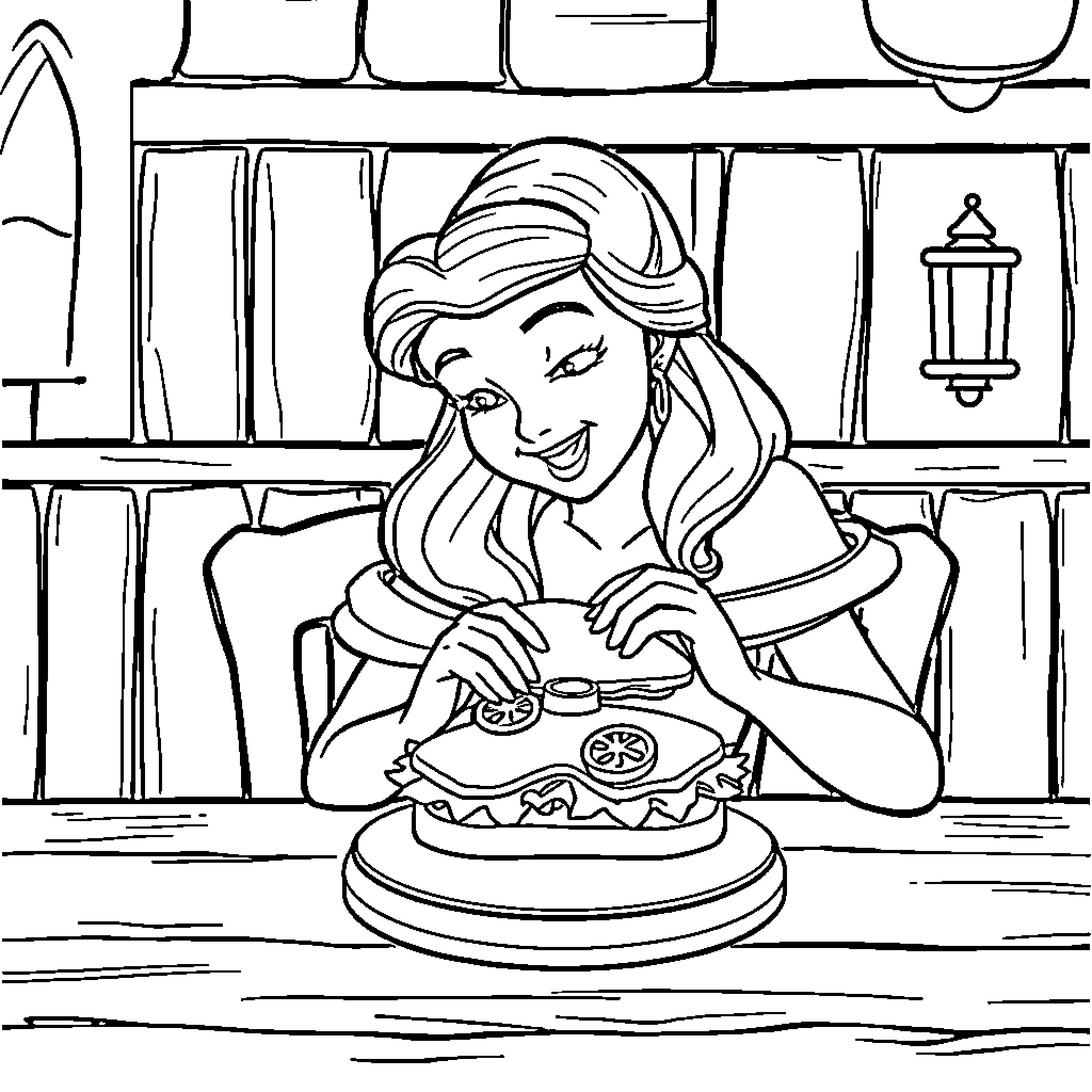 Belle Cooking a Delightful Meal in the Kitchen Coloring Page (free black-and-white line drawing printable PDF for all, from beginners to advanced learners, including children, teens, adults, and seniors)