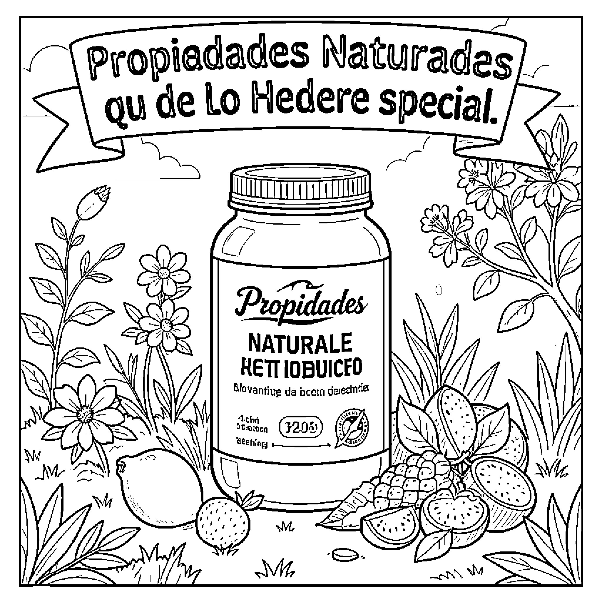 Producto Naturales con Propiedades Saludables Coloring Page (free black-and-white line drawing printable PDF for all, from beginners to advanced learners, including children, teens, adults, and seniors)
