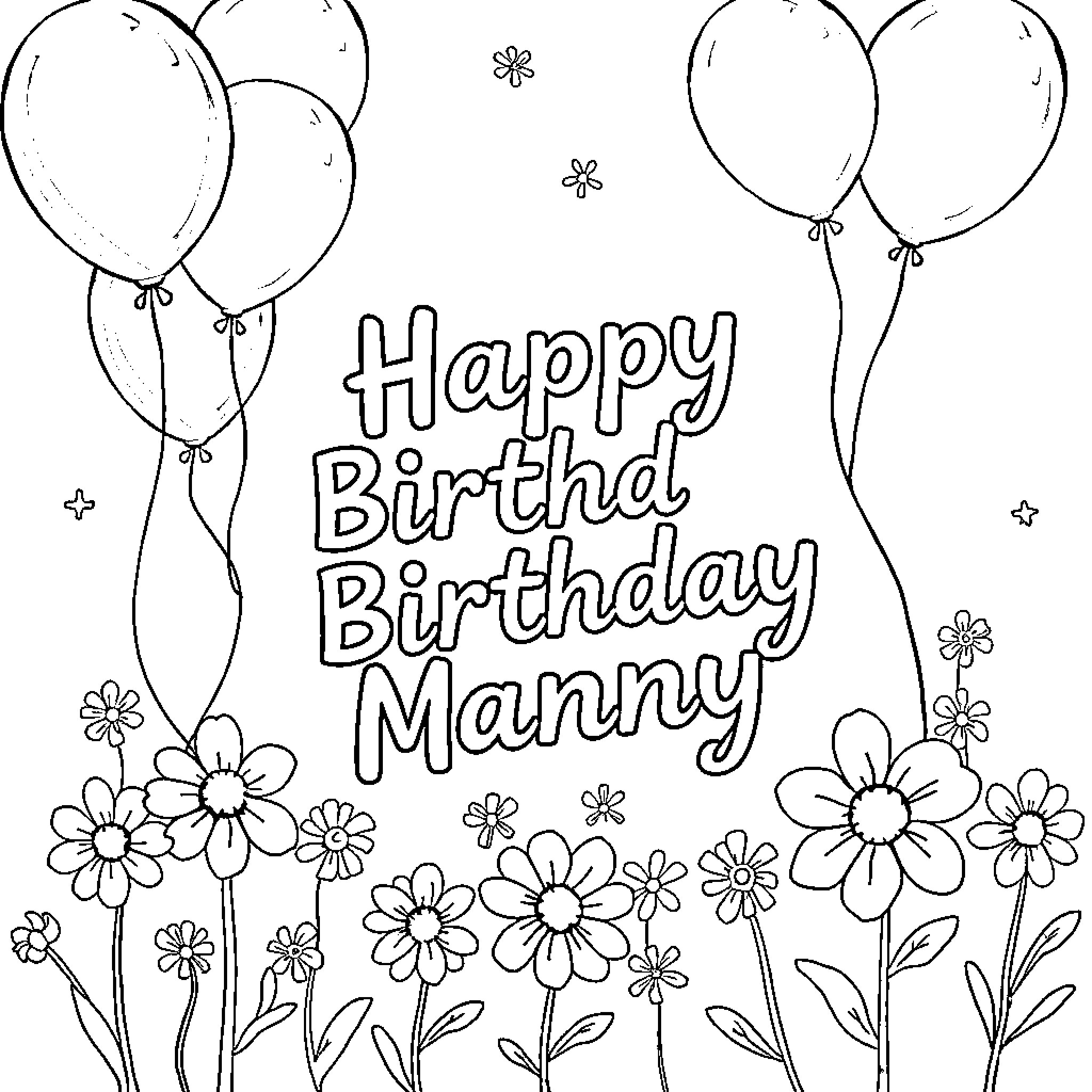 Birthday Card with Balloons, Flowers, and Happy Birthday Message Coloring Page (free black-and-white line drawing printable PDF for all, from beginners to advanced learners, including children, teens, adults, and seniors)
