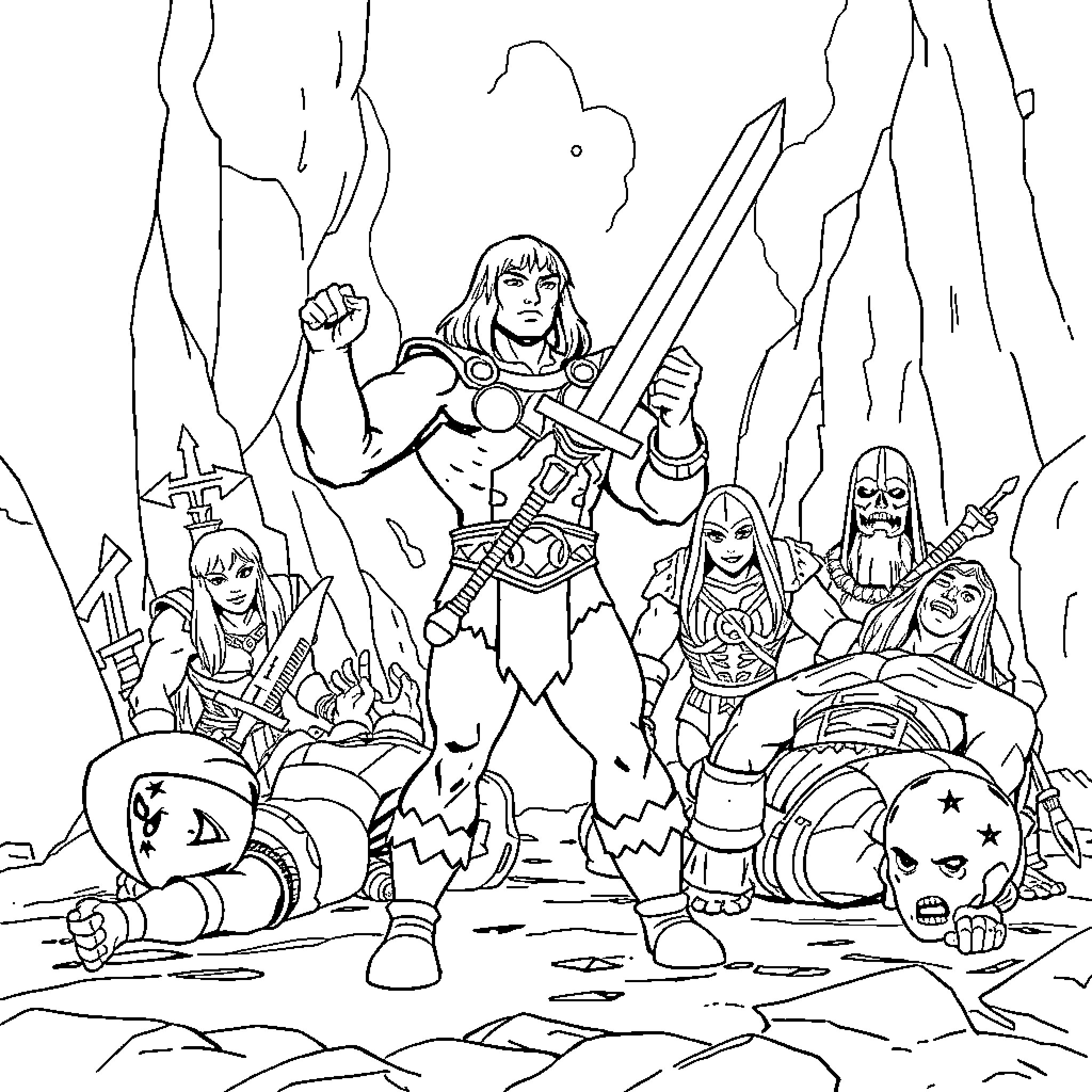 He-Man and the Masters of the Universe in action Coloring Page (free black-and-white line drawing printable PDF for all, from beginners to advanced learners, including children, teens, adults, and seniors)