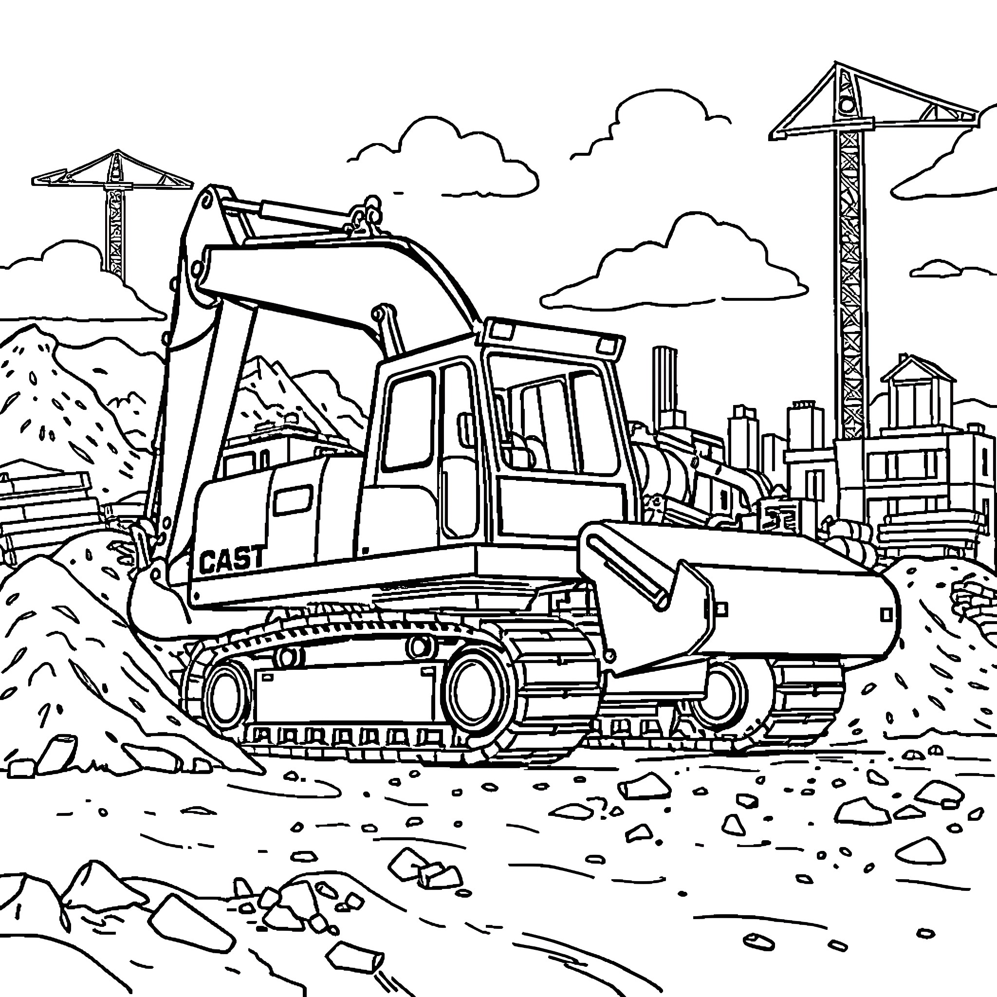 Excavator operating on construction site with city skyline Coloring Page (free black-and-white line drawing printable PDF for all, from beginners to advanced learners, including children, teens, adults, and seniors)