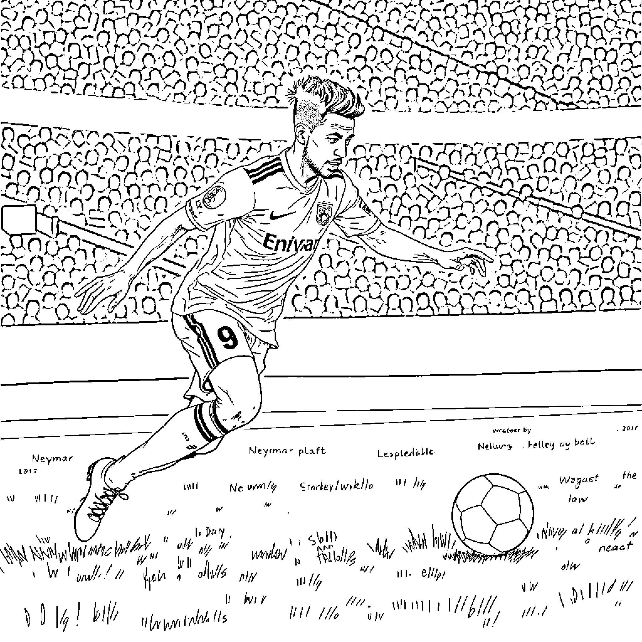 Neymar's Energetic Soccer Performance Coloring Page (free black-and-white line drawing printable PDF for all, from beginners to advanced learners, including children, teens, adults, and seniors)