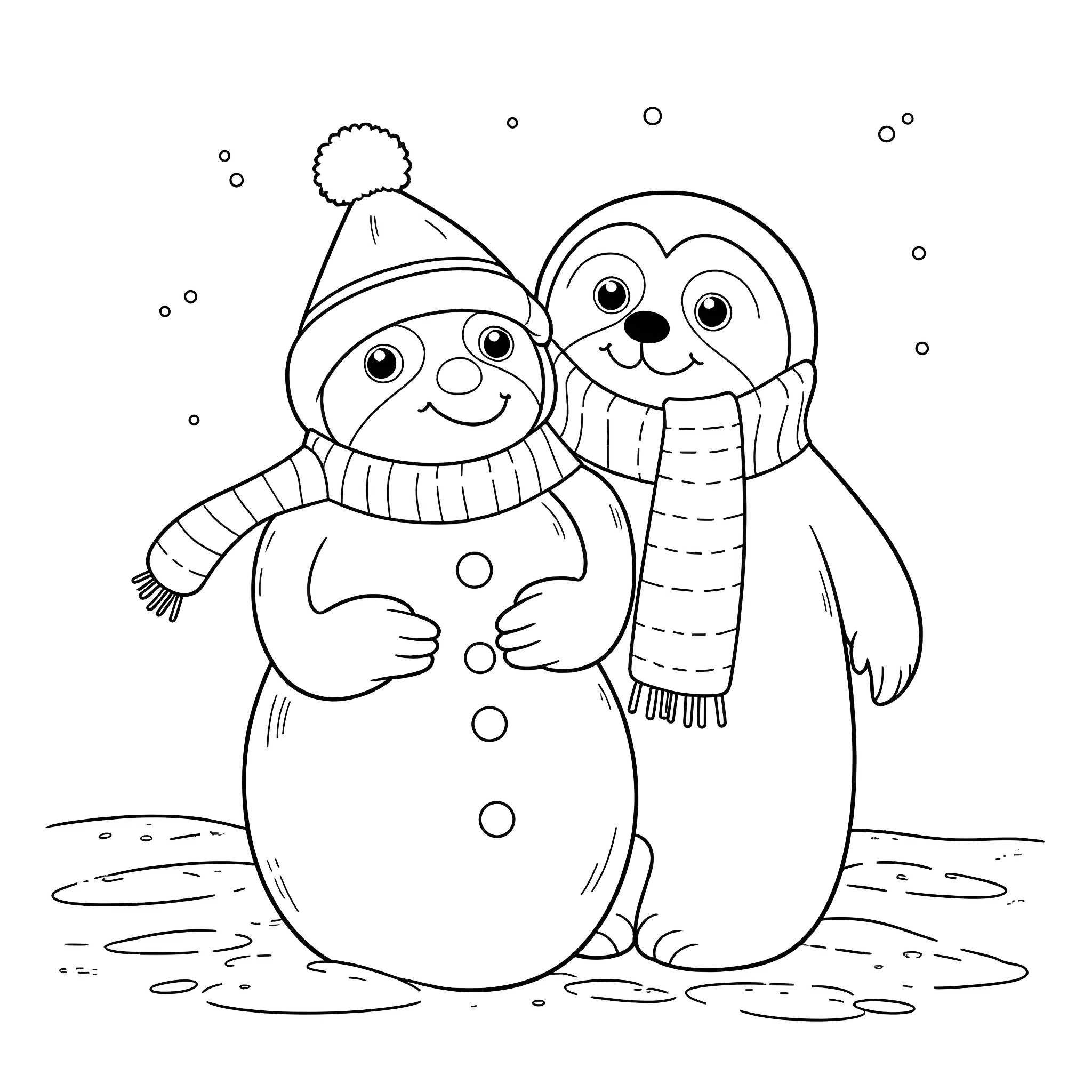 Sloth and penguin friends in winter wonderland Coloring Page (free black-and-white line drawing printable PDF for all, from beginners to advanced learners, including children, teens, adults, and seniors)
