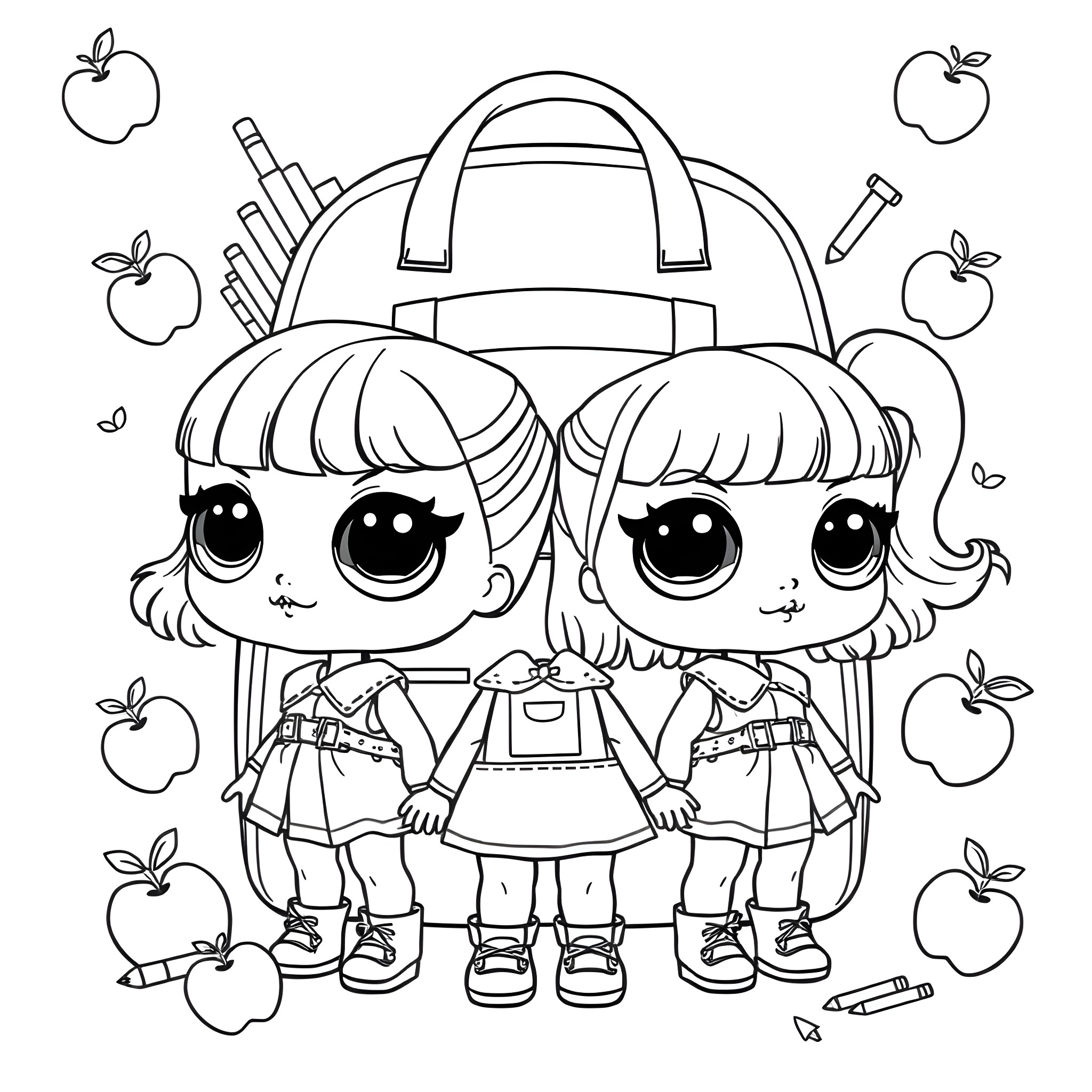 Doll twins ready for school with backpack Coloring Page (free black-and-white line drawing printable PDF for all, from beginners to advanced learners, including children, teens, adults, and seniors)