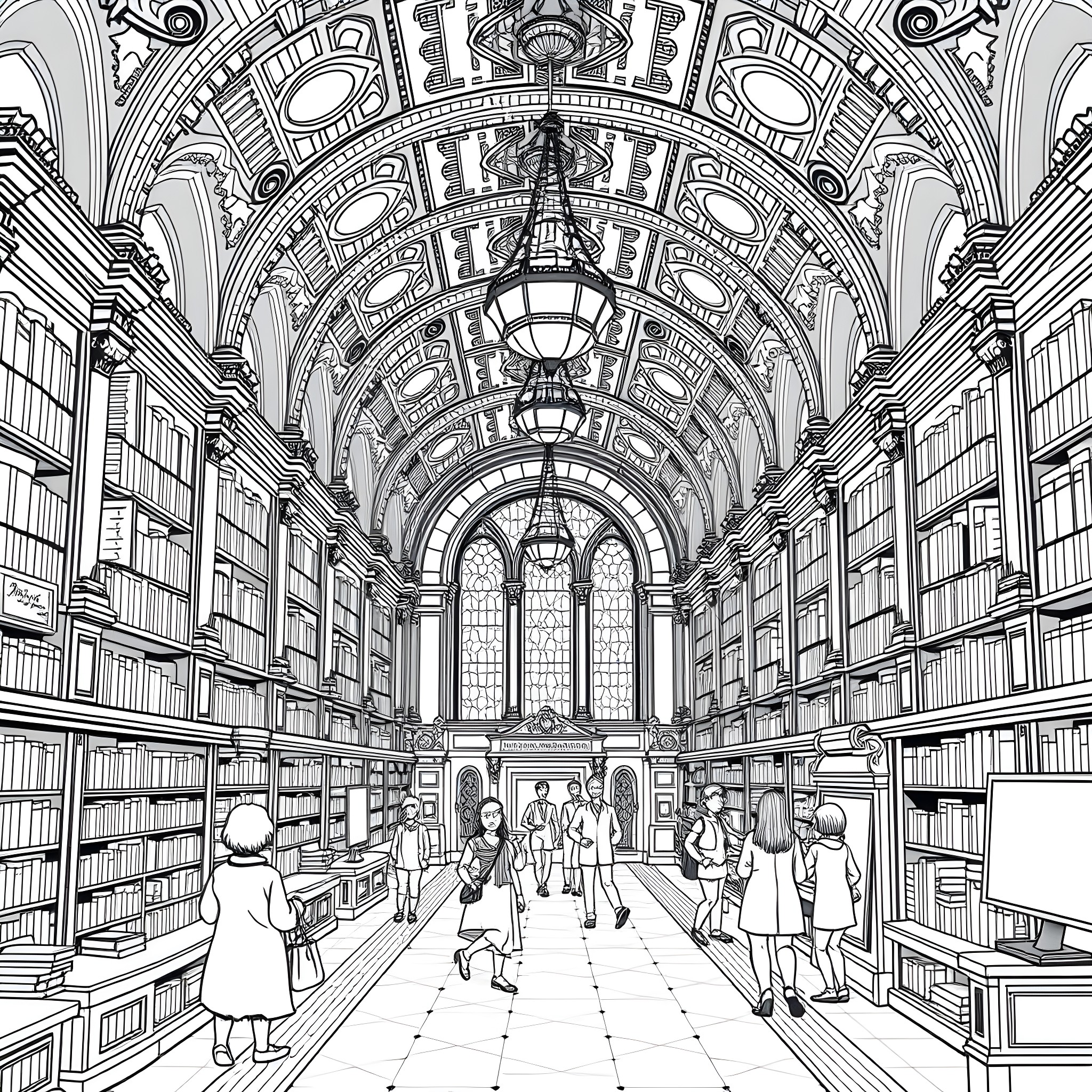 Subway Station with Architectural Details and Commuters Coloring Page (free black-and-white line drawing printable PDF for all, from beginners to advanced learners, including children, teens, adults, and seniors)