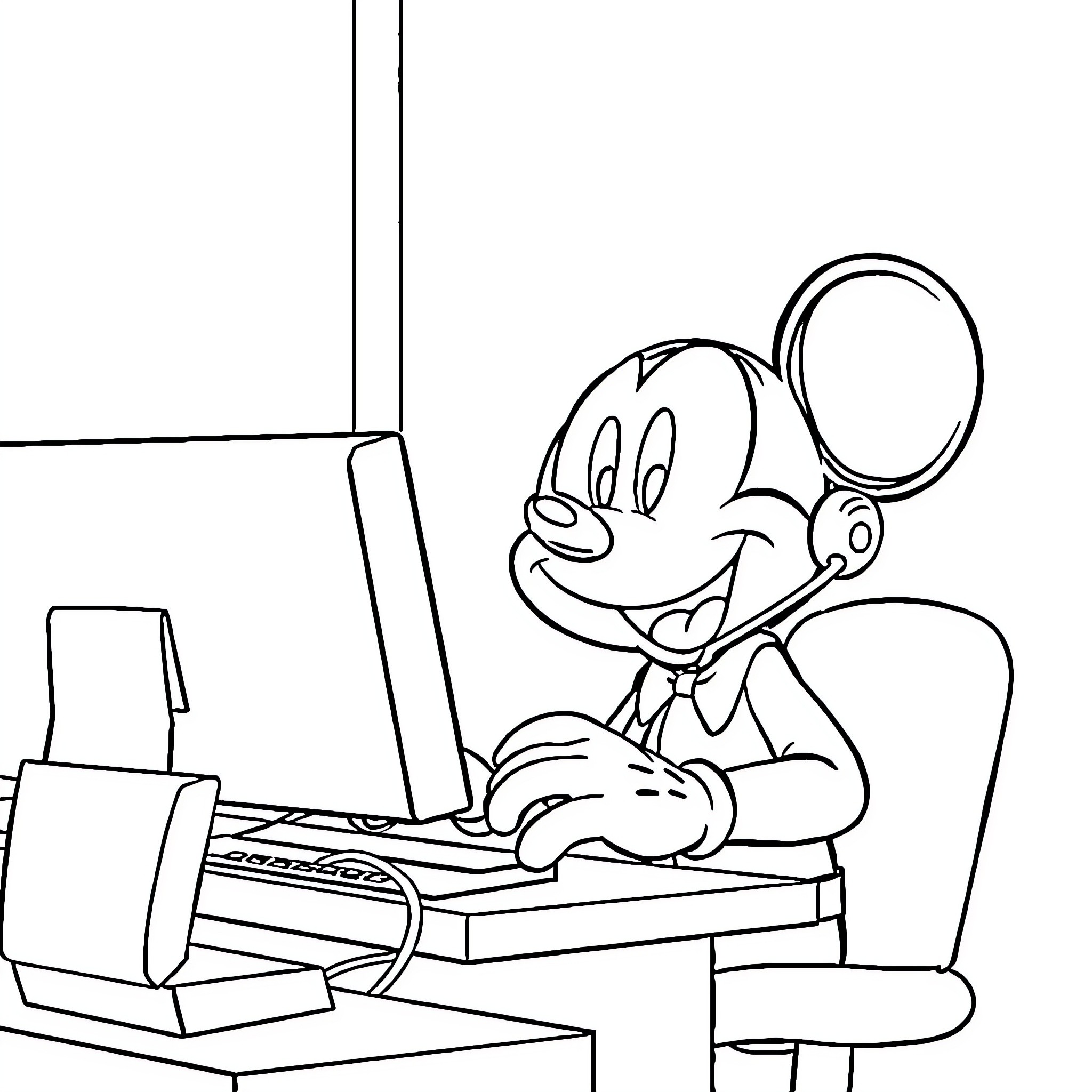 Mickey Mouse working diligently at computer Coloring Page (free black-and-white line drawing printable PDF for all, from beginners to advanced learners, including children, teens, adults, and seniors)