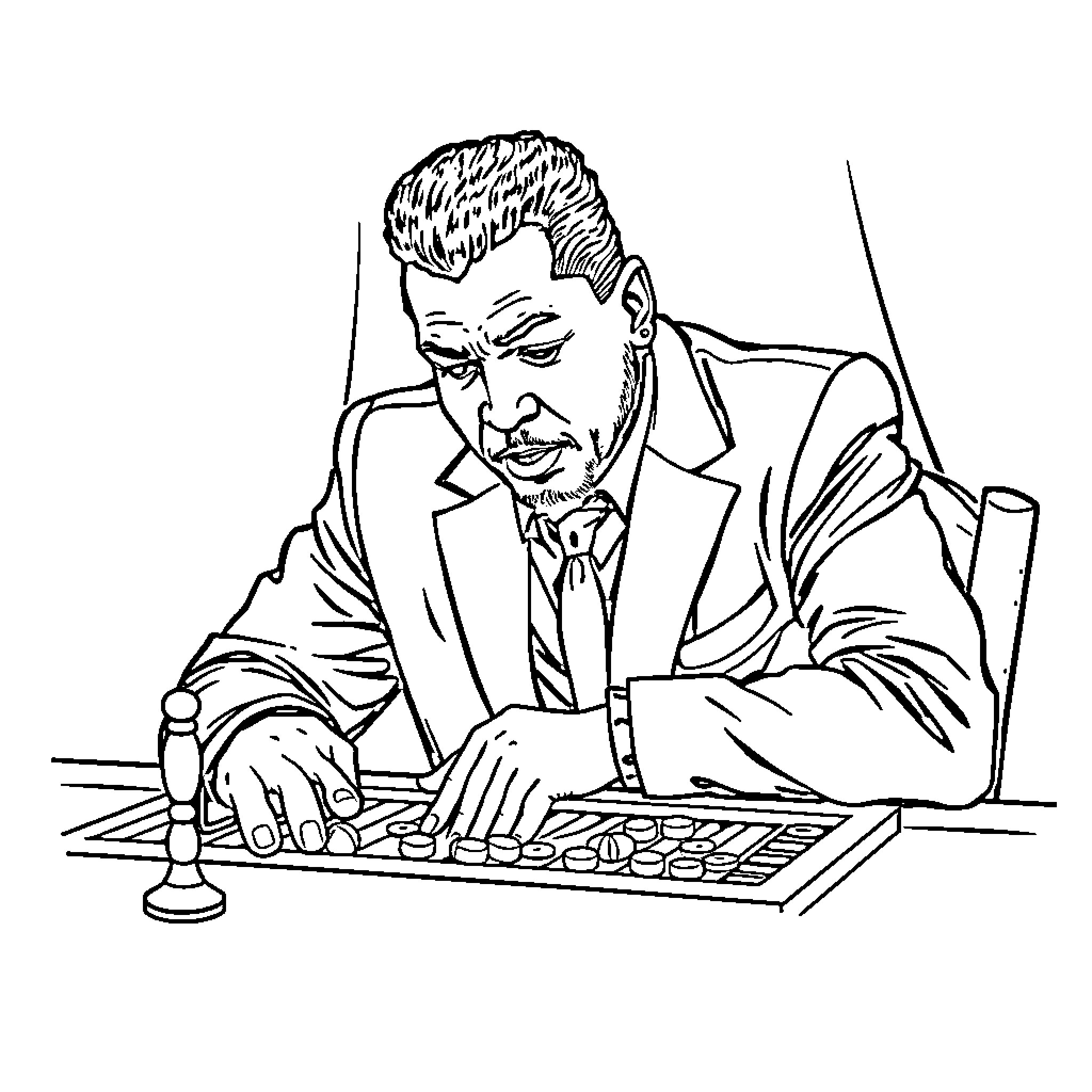 Sammy Sosa playing chess on the desk Coloring Page (free black-and-white line drawing printable PDF for all, from beginners to advanced learners, including children, teens, adults, and seniors)