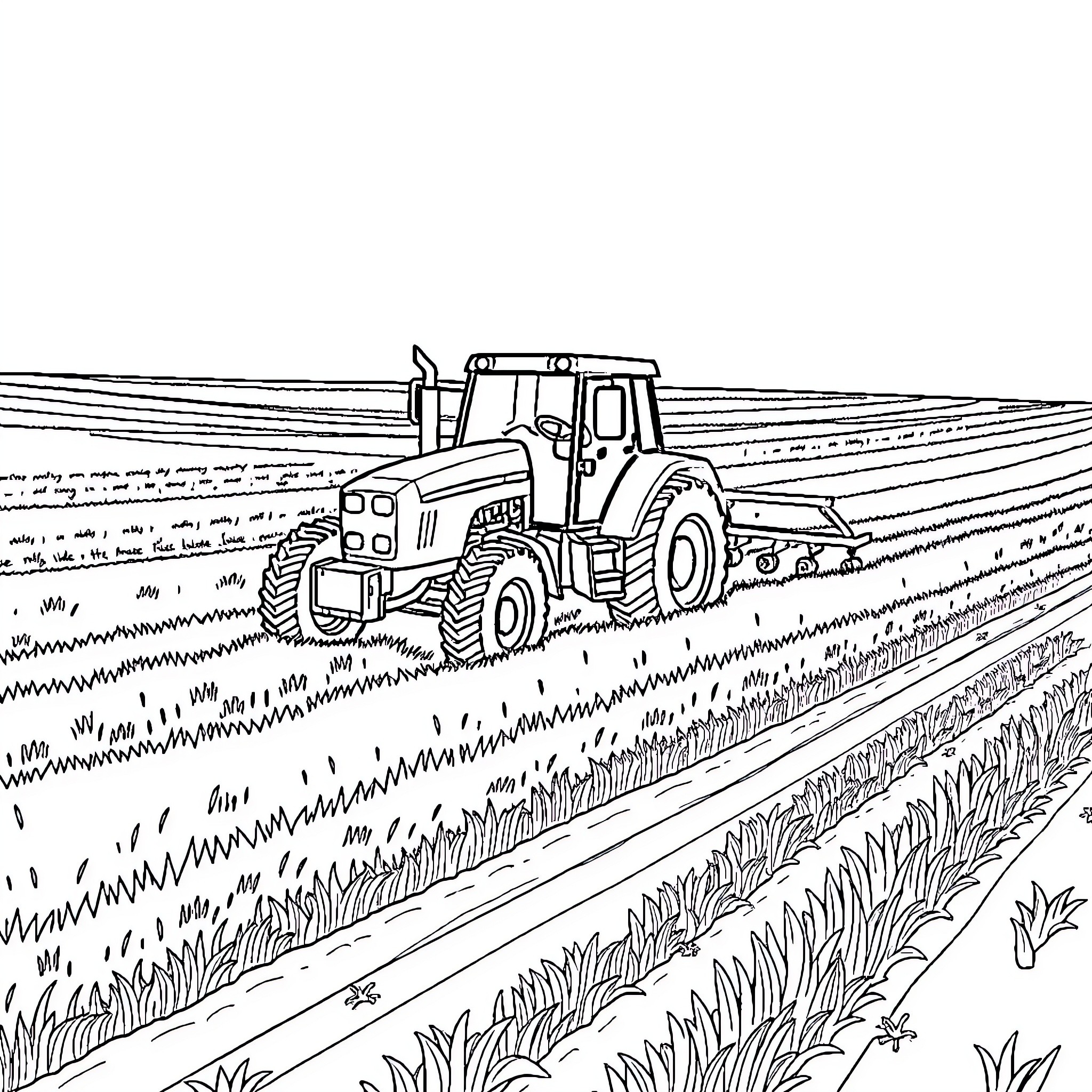 Tractor plowing through the field Coloring Page (free black-and-white line drawing printable PDF for all, from beginners to advanced learners, including children, teens, adults, and seniors)