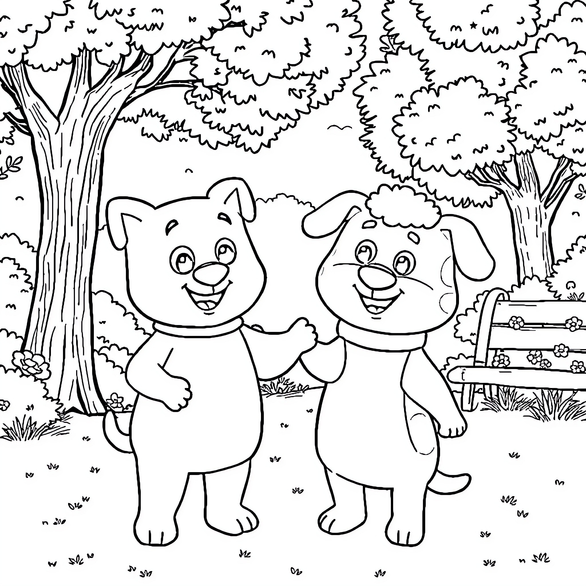 Bluey and friends in the forest Coloring Page (free black-and-white line drawing printable PDF for all, from beginners to advanced learners, including children, teens, adults, and seniors)